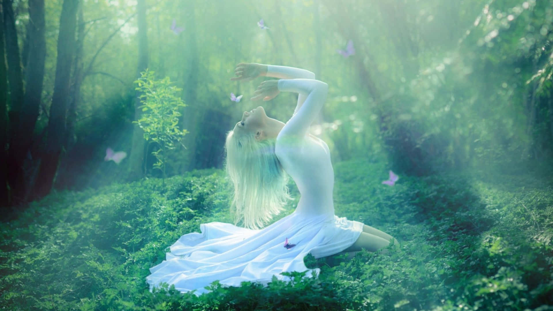 Serene Lakeside Retreat, white dress, sunlit forest, Full HD Desktop Wallpaper