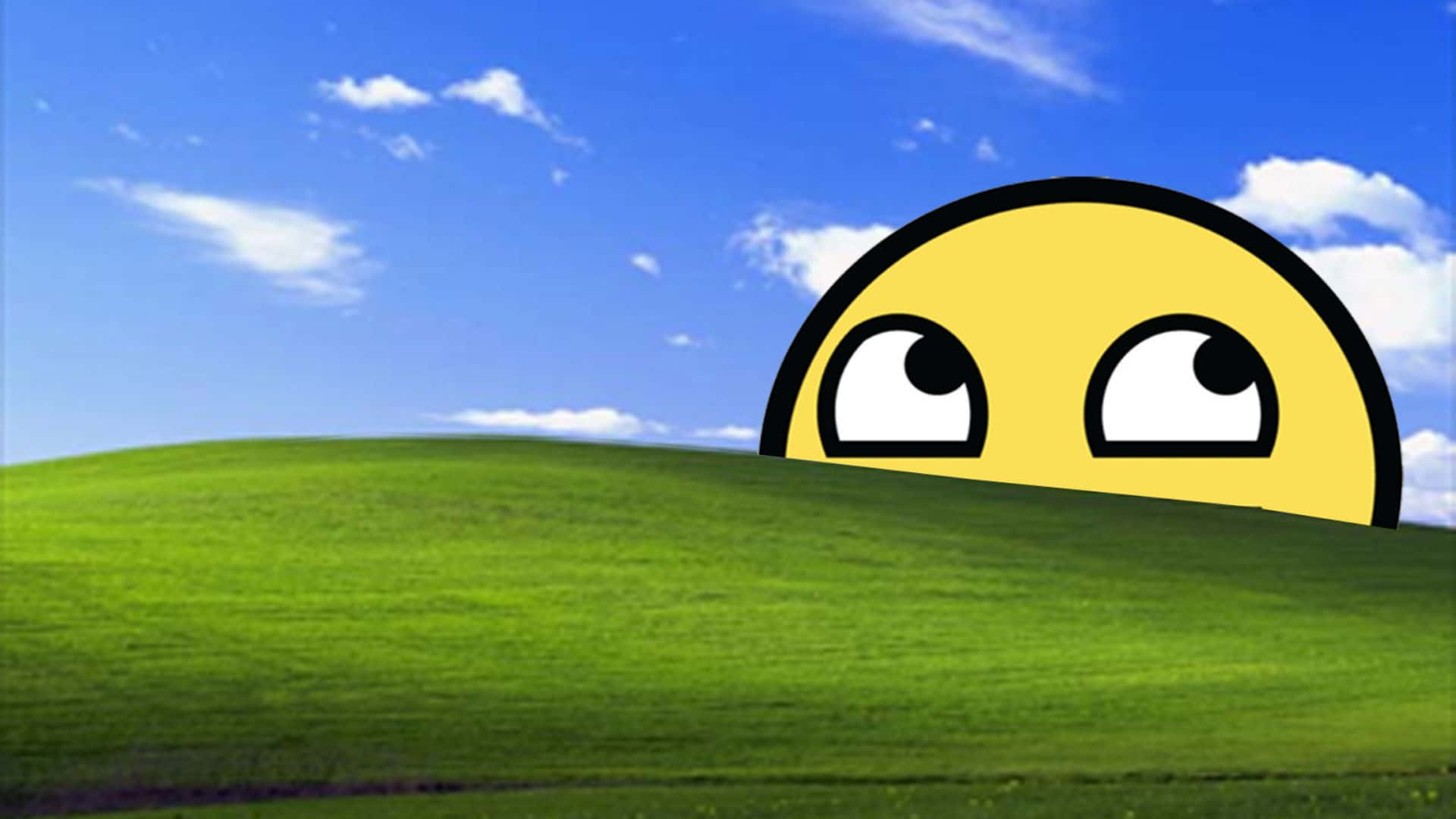 yellow emoji, green hill, bright blue sky, Full HD Desktop Wallpaper