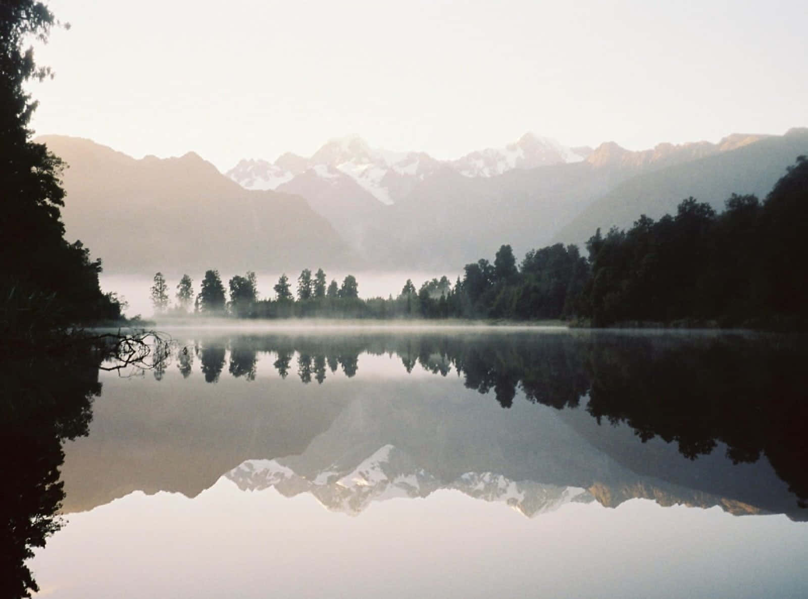 misty dawn, calm lake, snow-capped mountains, HD Desktop Wallpaper