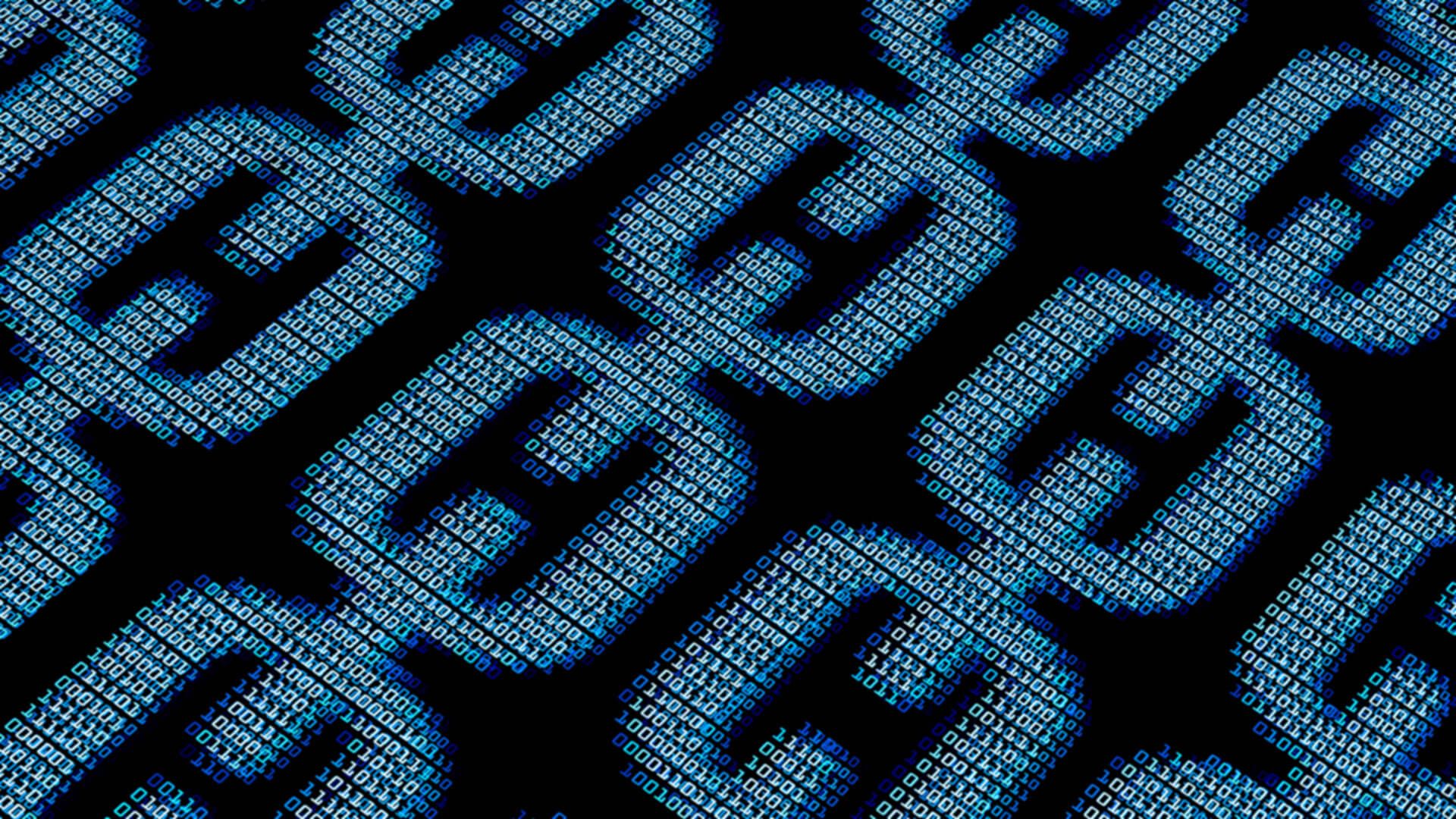 Blockchain, glowing blue binary code, geometric shapes, Full HD Desktop Wallpaper