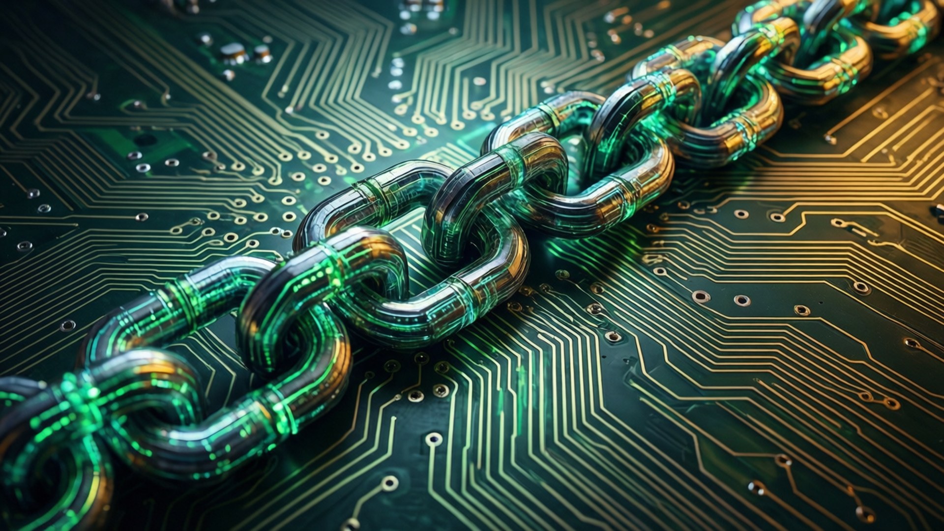 circuit board, green metallic chain, golden traces, Full HD Desktop Wallpaper