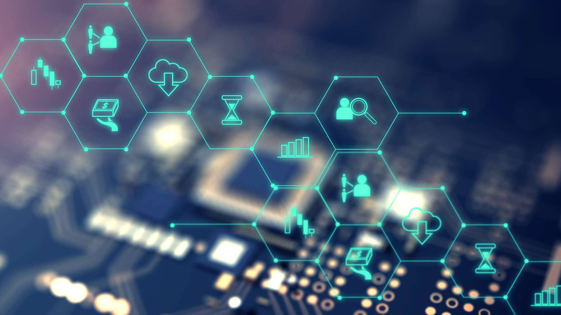 cyan, hexagonal icons, circuit board, Full HD Desktop Wallpaper