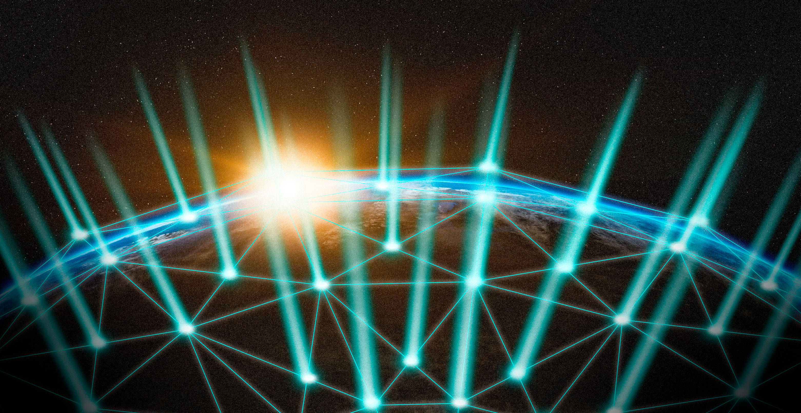 Blockchain, glowing blue digital network grid, curved horizon of Earth, 2K Desktop Wallpaper