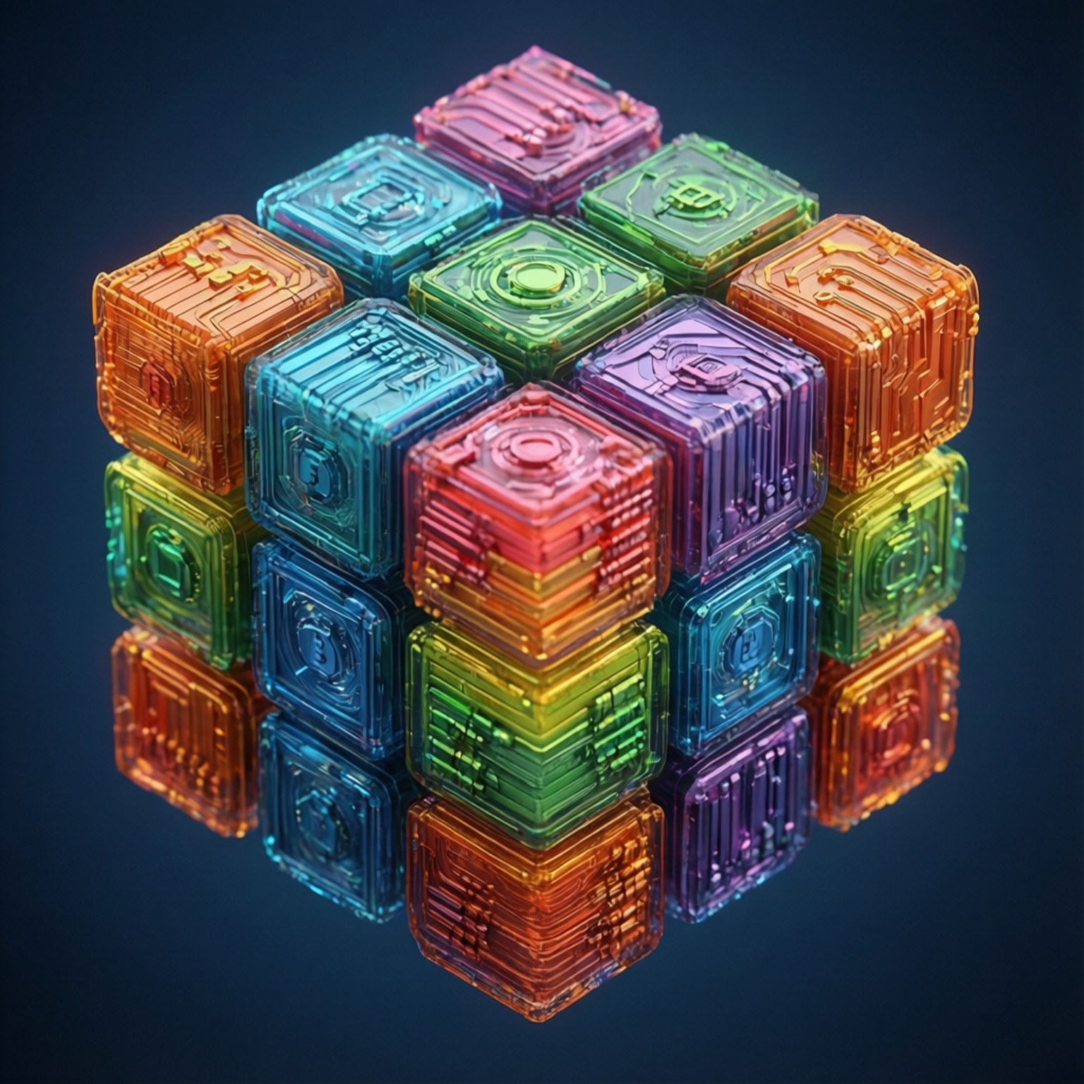 colorful blockchain cube, glowing cube, translucent rainbow-colored blocks, HD Desktop Wallpaper