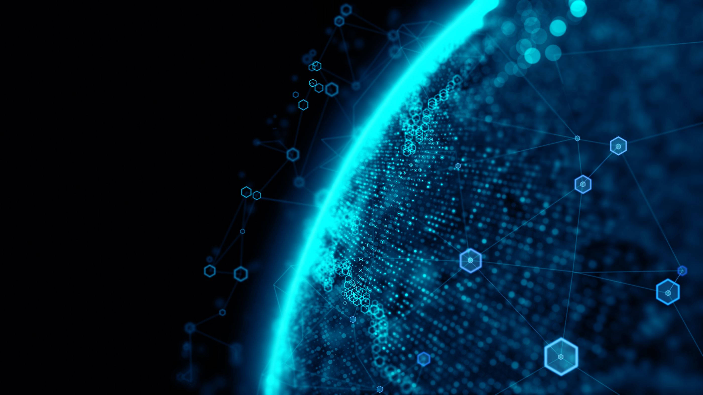 Blockchain, glowing blue digital globe, hexagonal nodes, 2K Desktop Wallpaper