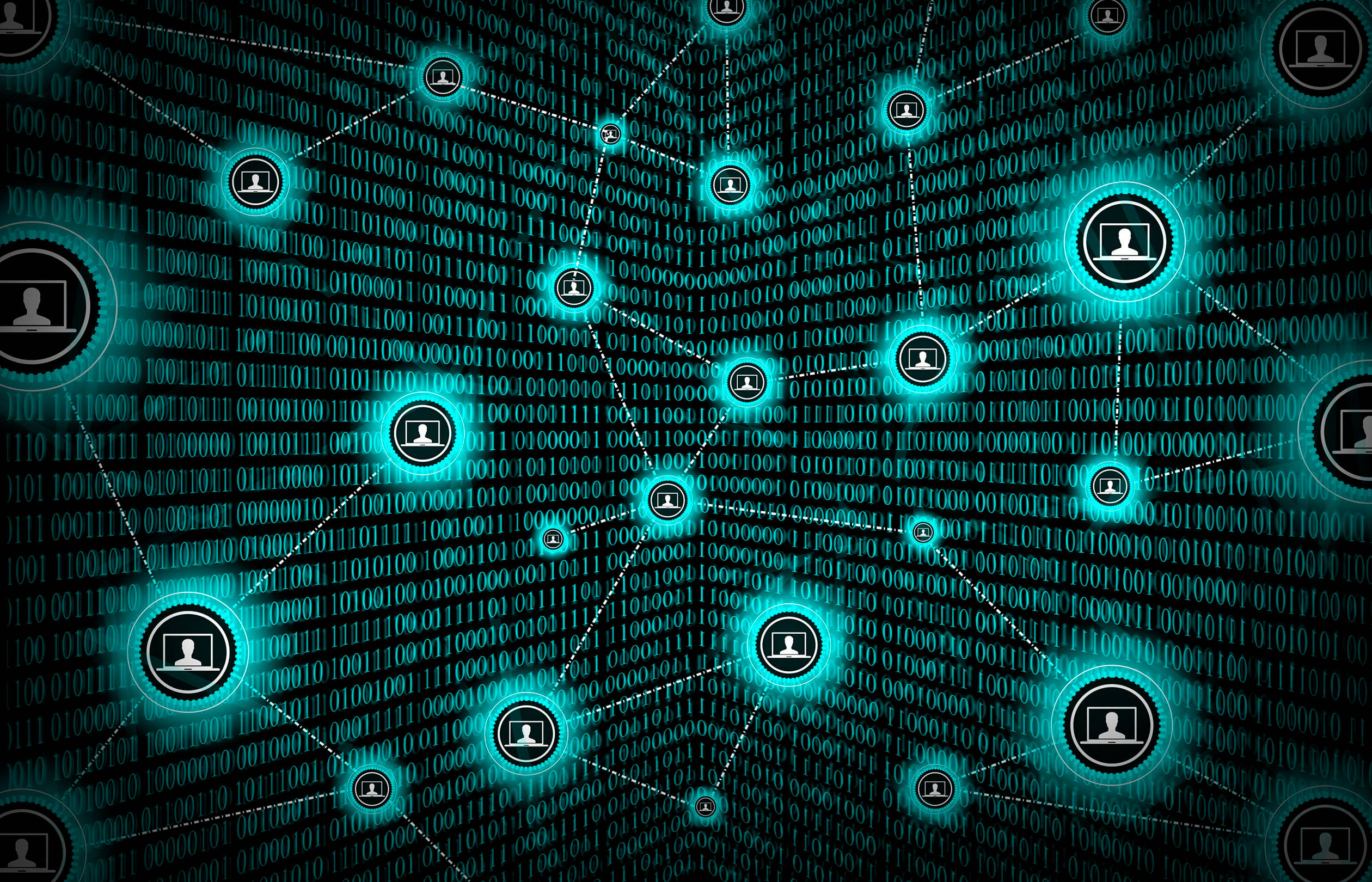 Blockchain, glowing teal user icons, lines, Full HD Desktop Wallpaper