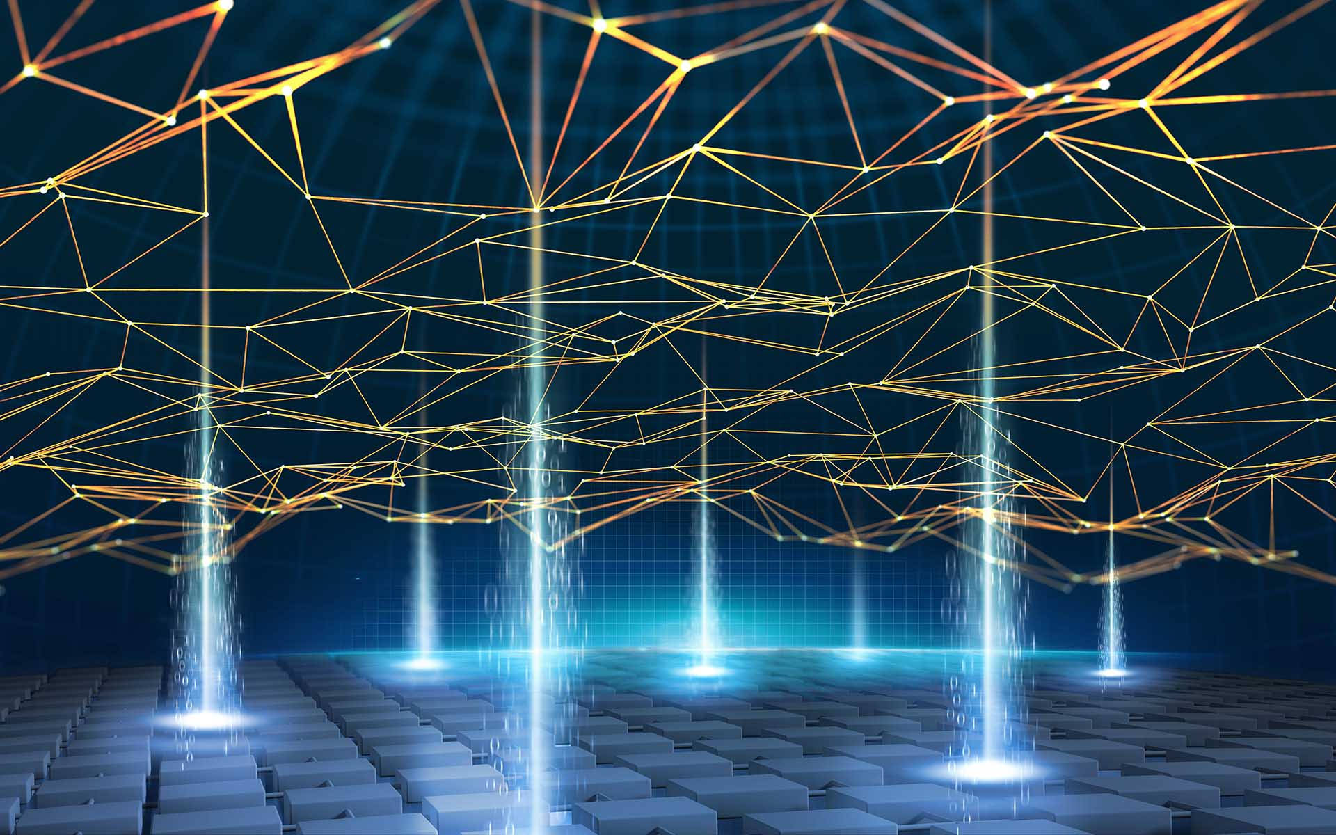 glowing blockchain lights, golden geometric light beams, glowing network ceiling, Full HD Desktop Wallpaper