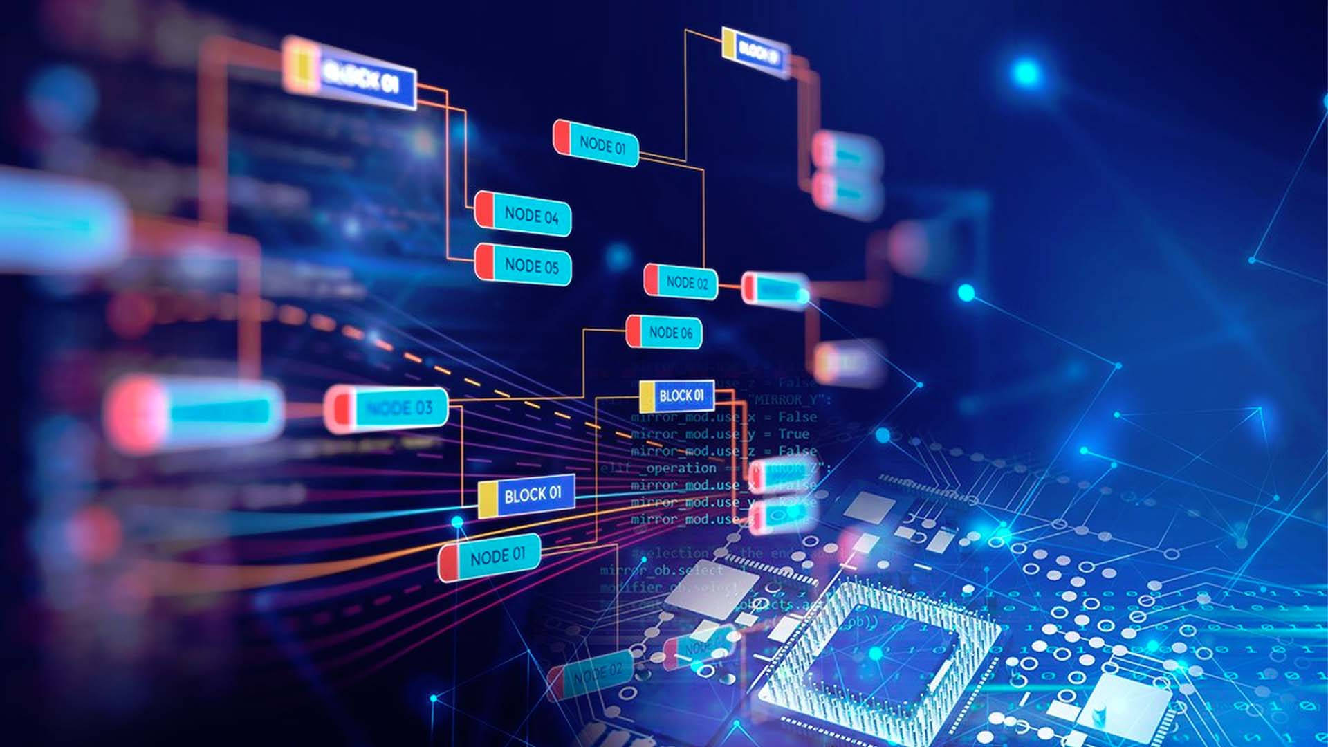 Blockchain, computer chip, glowing nodes, Full HD Desktop Wallpaper