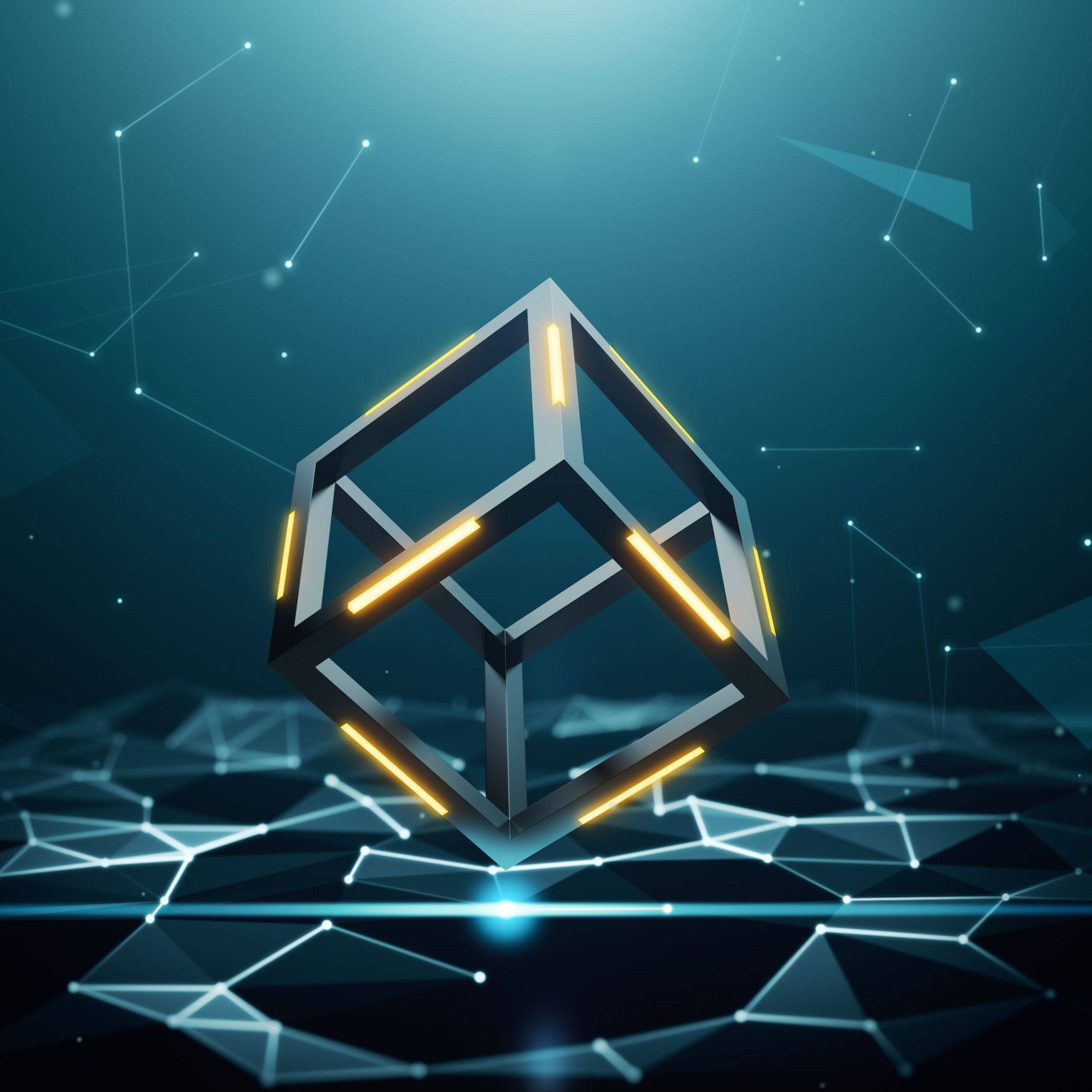 Blockchain, three dimensional box, glowing neon cube, 2K Desktop Wallpaper