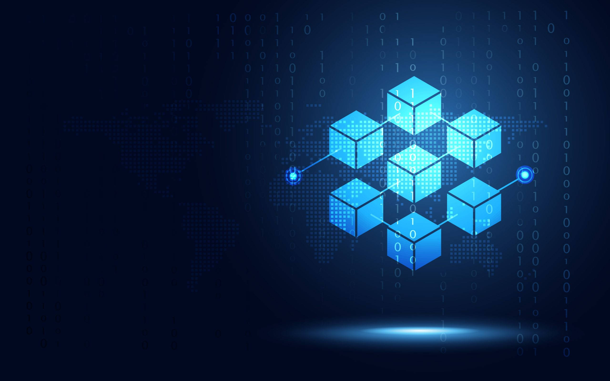 glowing blue geometric cube network, dark digital backdrop, binary code, 2K Desktop Wallpaper
