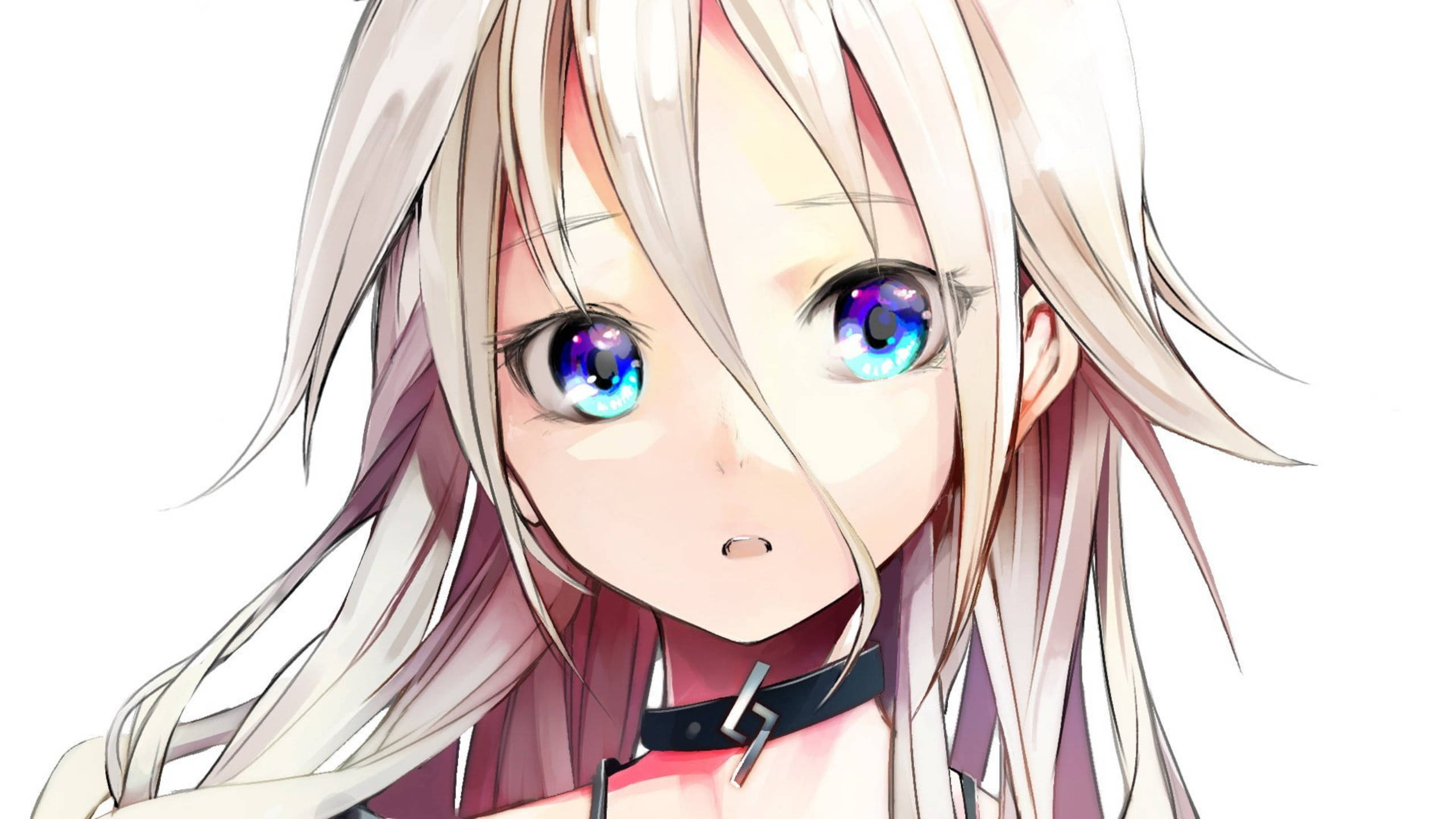 melancholy blue-eyed anime girl, silver hair, vibrant blue eyes, 2K Desktop Wallpaper