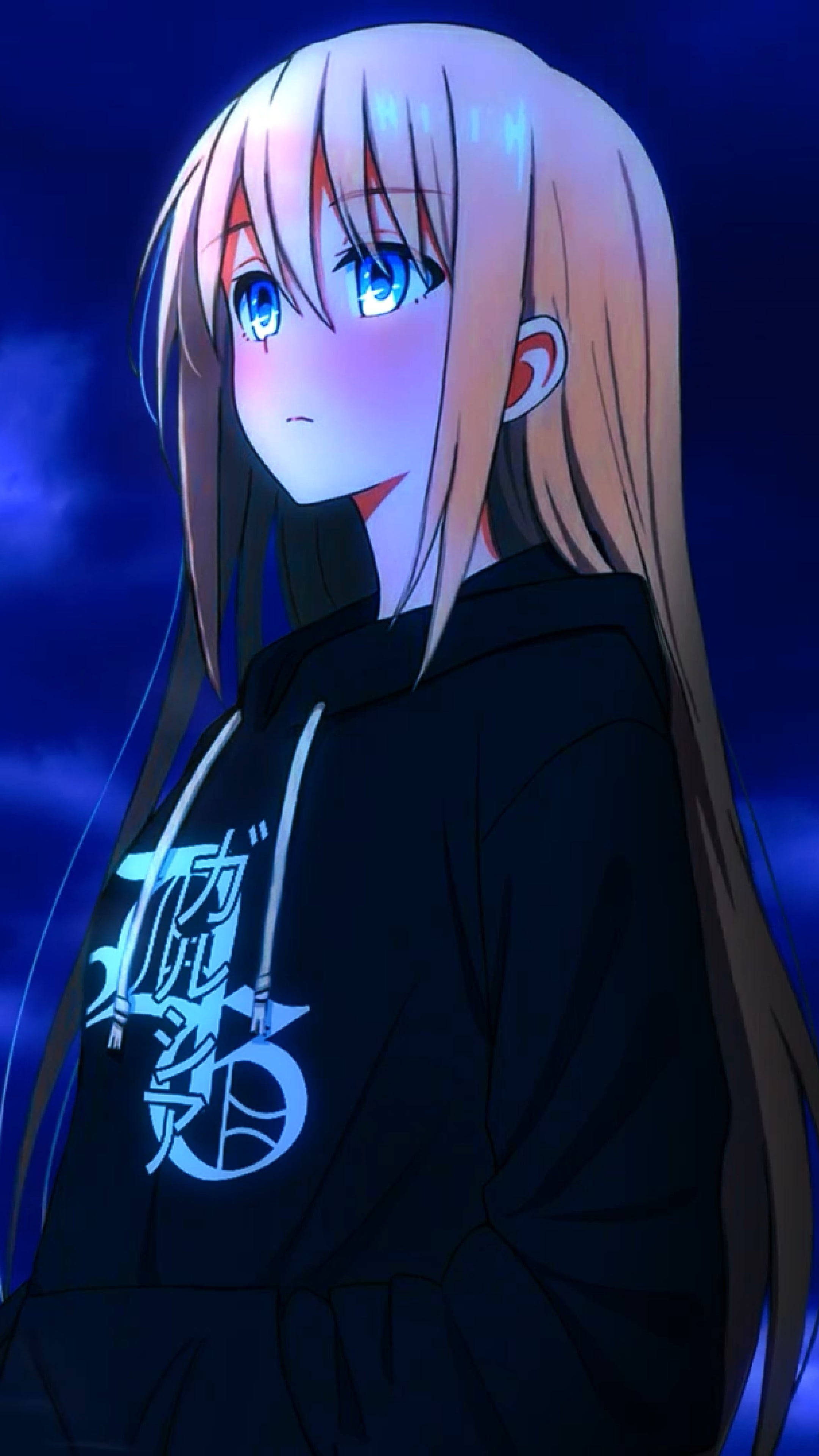 blonde tomboy anime girl, black hoodie, dark blue night sky, 4K Phone Wallpaper