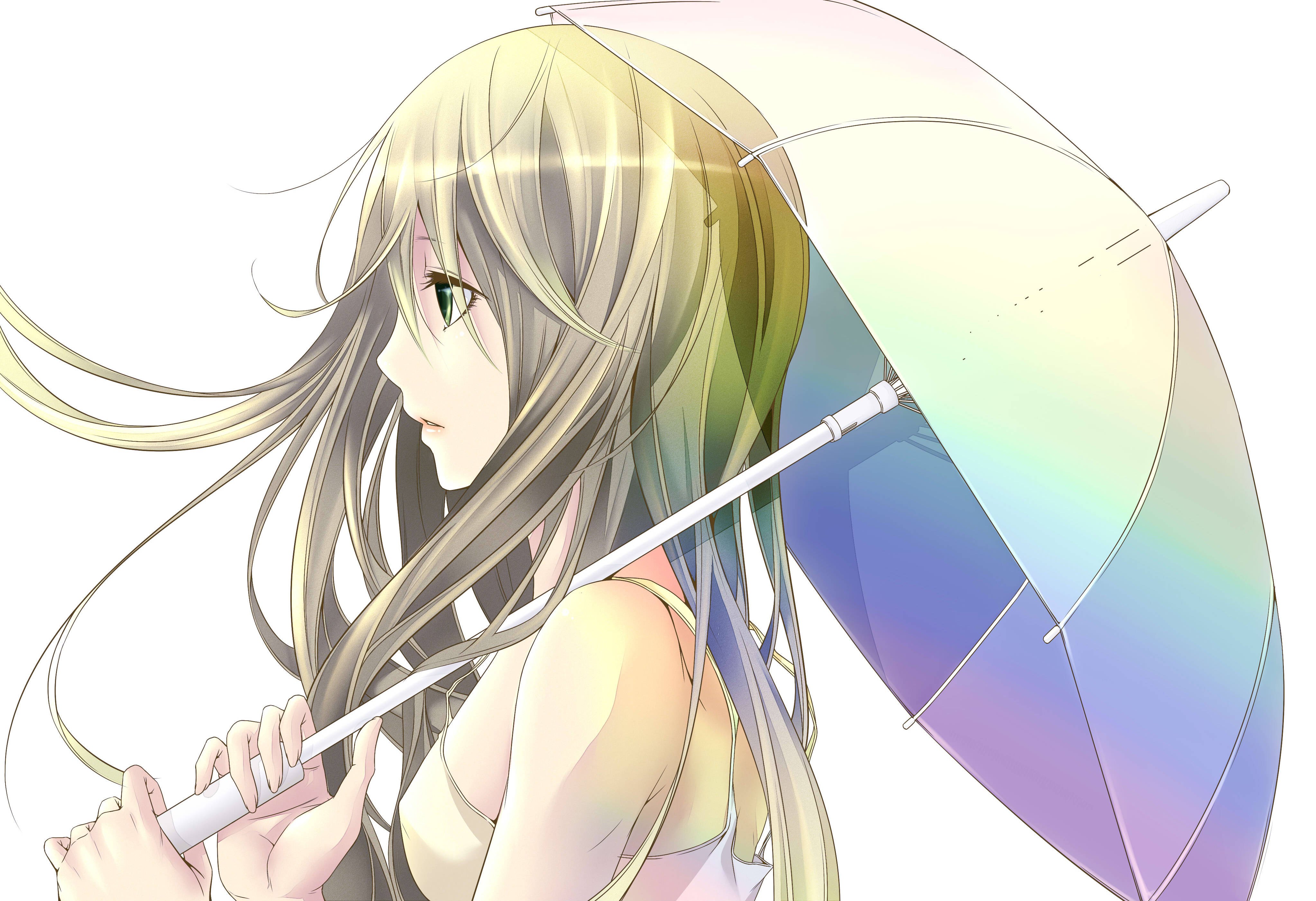 Blonde Girl Anime 4K, flowing blonde hair, rainbow umbrella, 4K Desktop Wallpaper