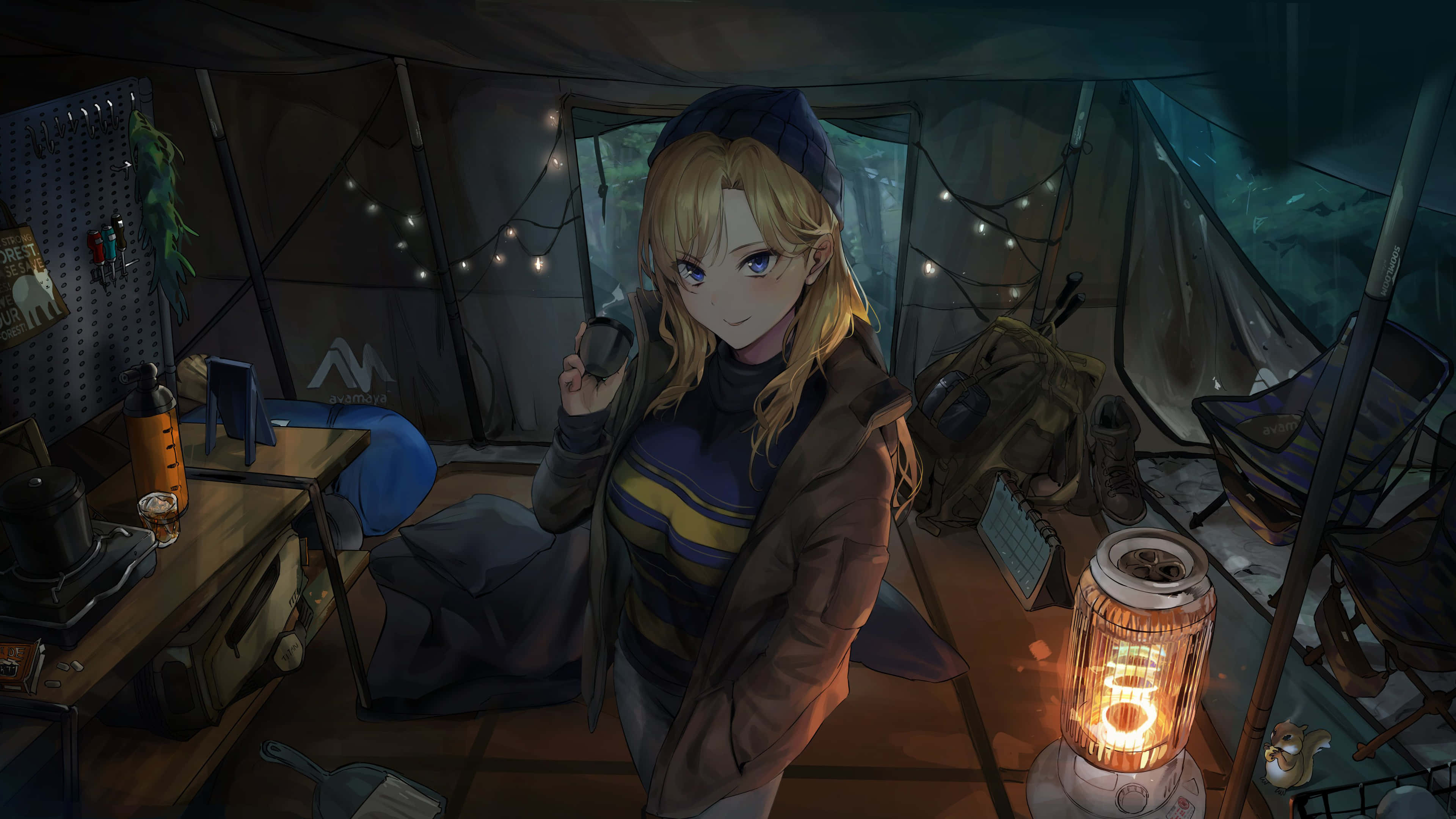 blonde anime girl, cozy tent, string lights, 4K Desktop Wallpaper