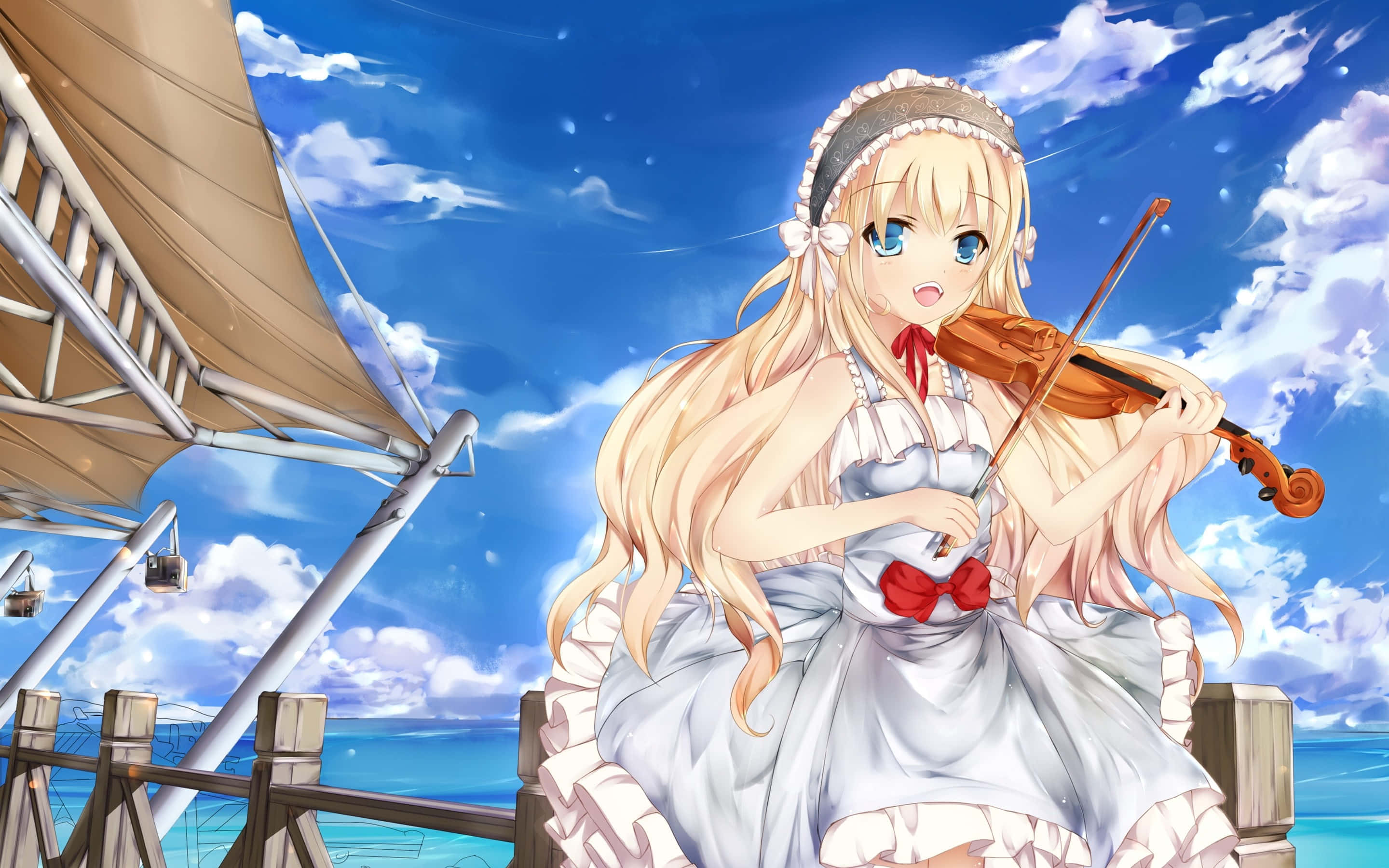 blonde anime girl, violin, seaside pier, 2K Desktop Wallpaper