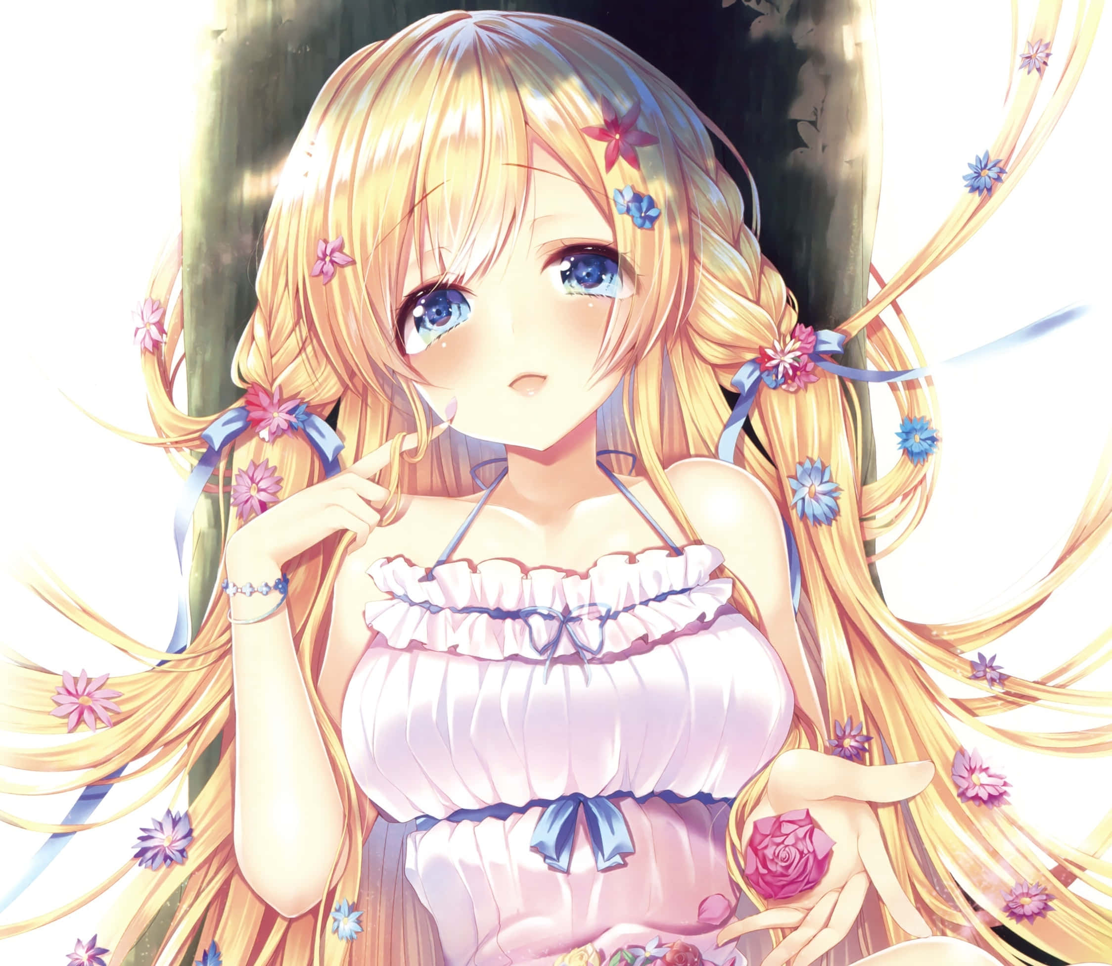 Blonde Anime Girl, blue eyes, pink and blue flowers, Full HD Desktop Wallpaper