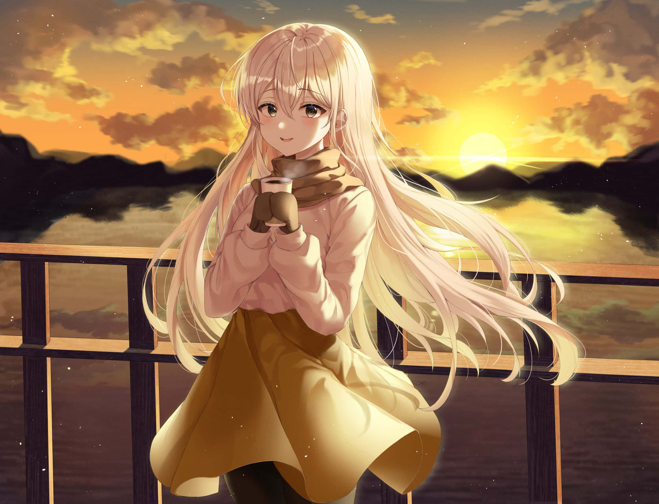 blonde anime girl, pink top, yellow skirt, Full HD Desktop Wallpaper