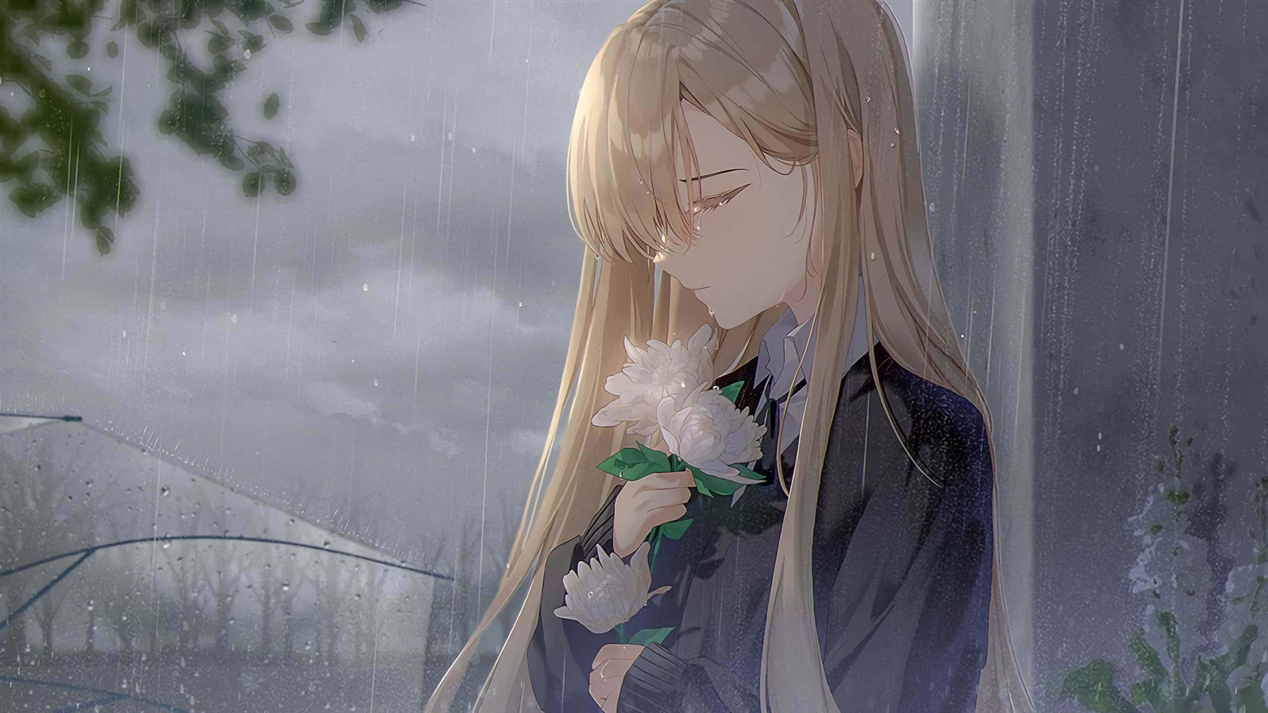 blonde anime girl, dark school uniform, white roses, 2K Desktop Wallpaper