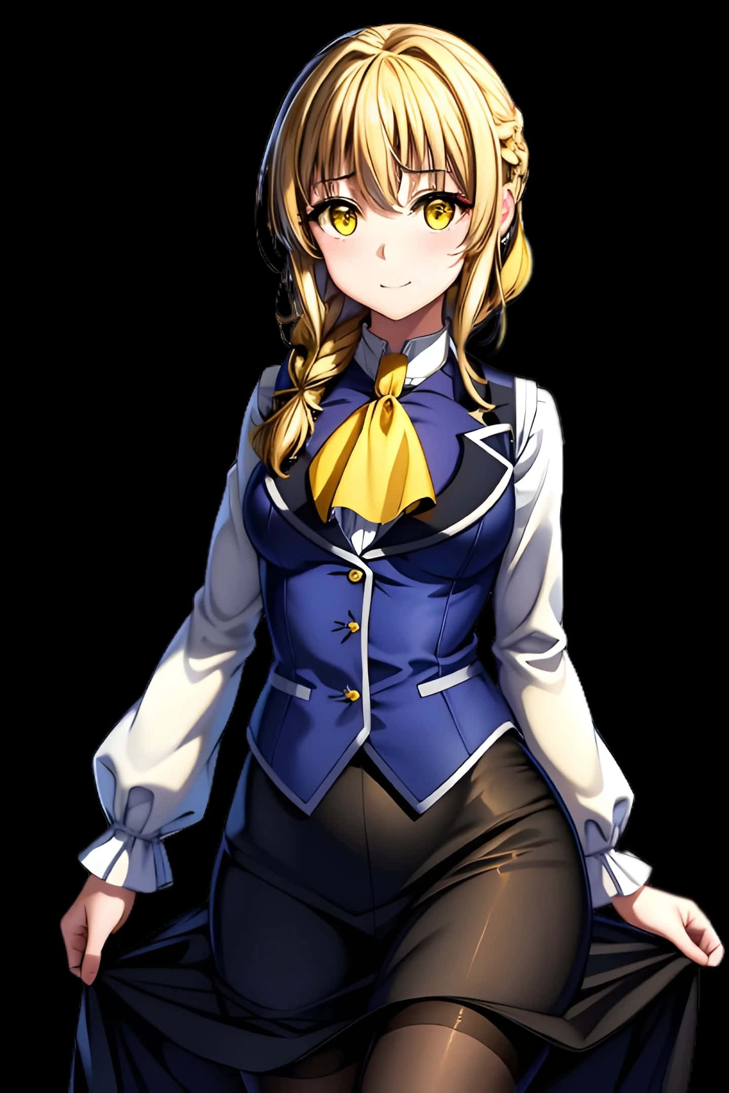 blonde anime girl, blue school uniform, yellow bow, Full HD Phone Wallpaper