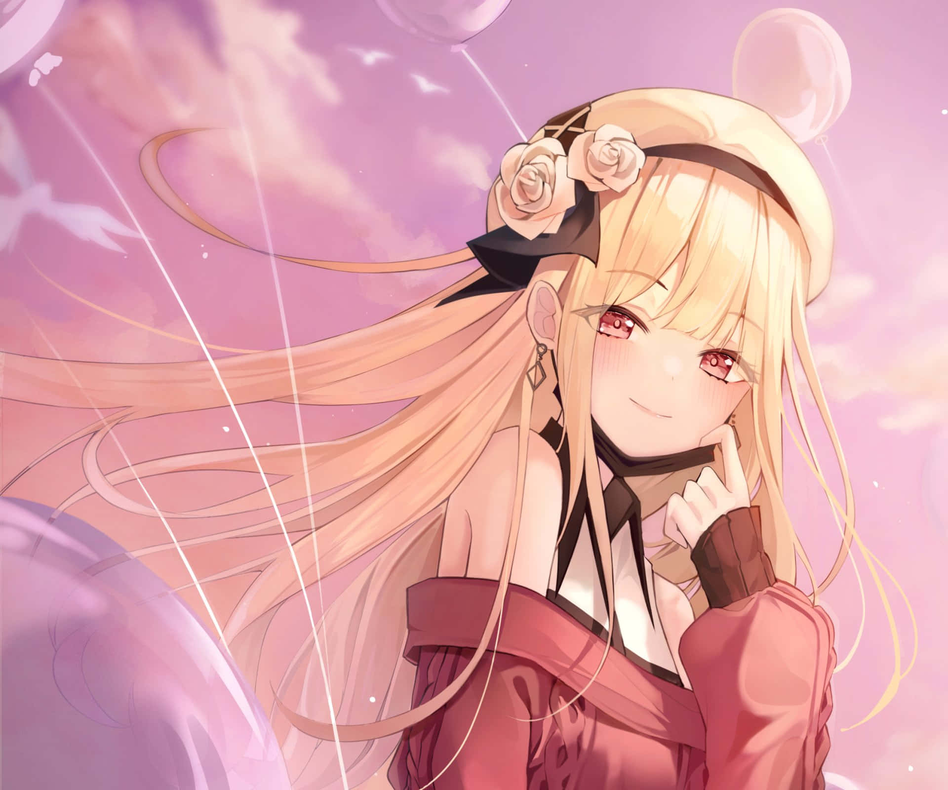 Blonde Anime Girl, long blonde hair, red eyes, Full HD Desktop Wallpaper