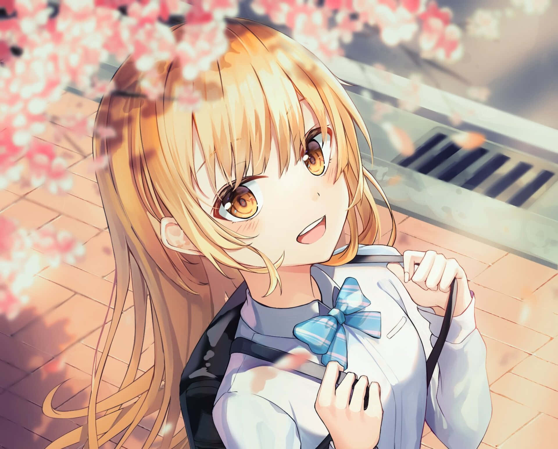 Blonde Anime Girl, cherry blossoms, golden hair, Full HD Desktop Wallpaper