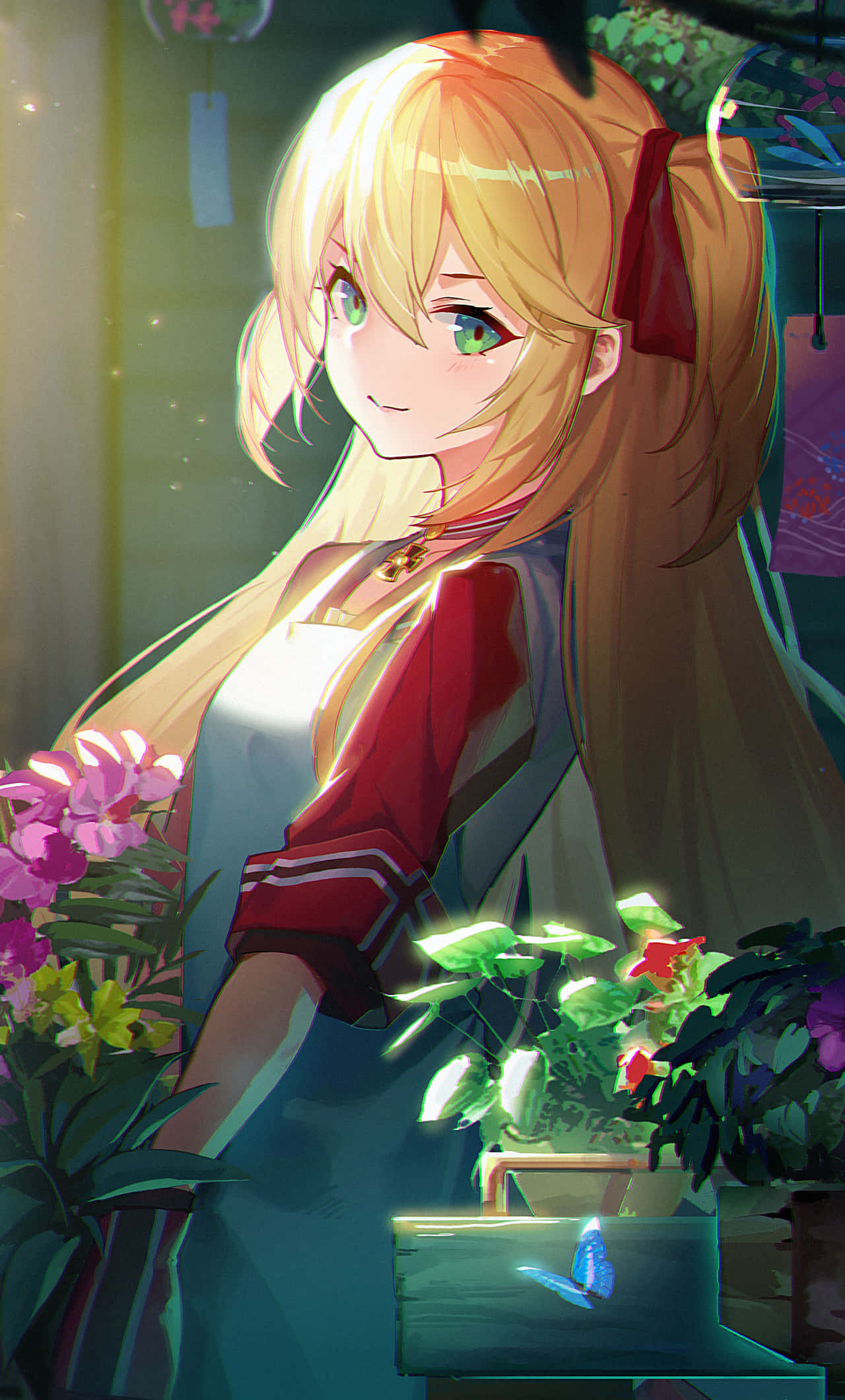 Blonde Anime Girl, flowers, vibrant flowers, Full HD Phone Wallpaper