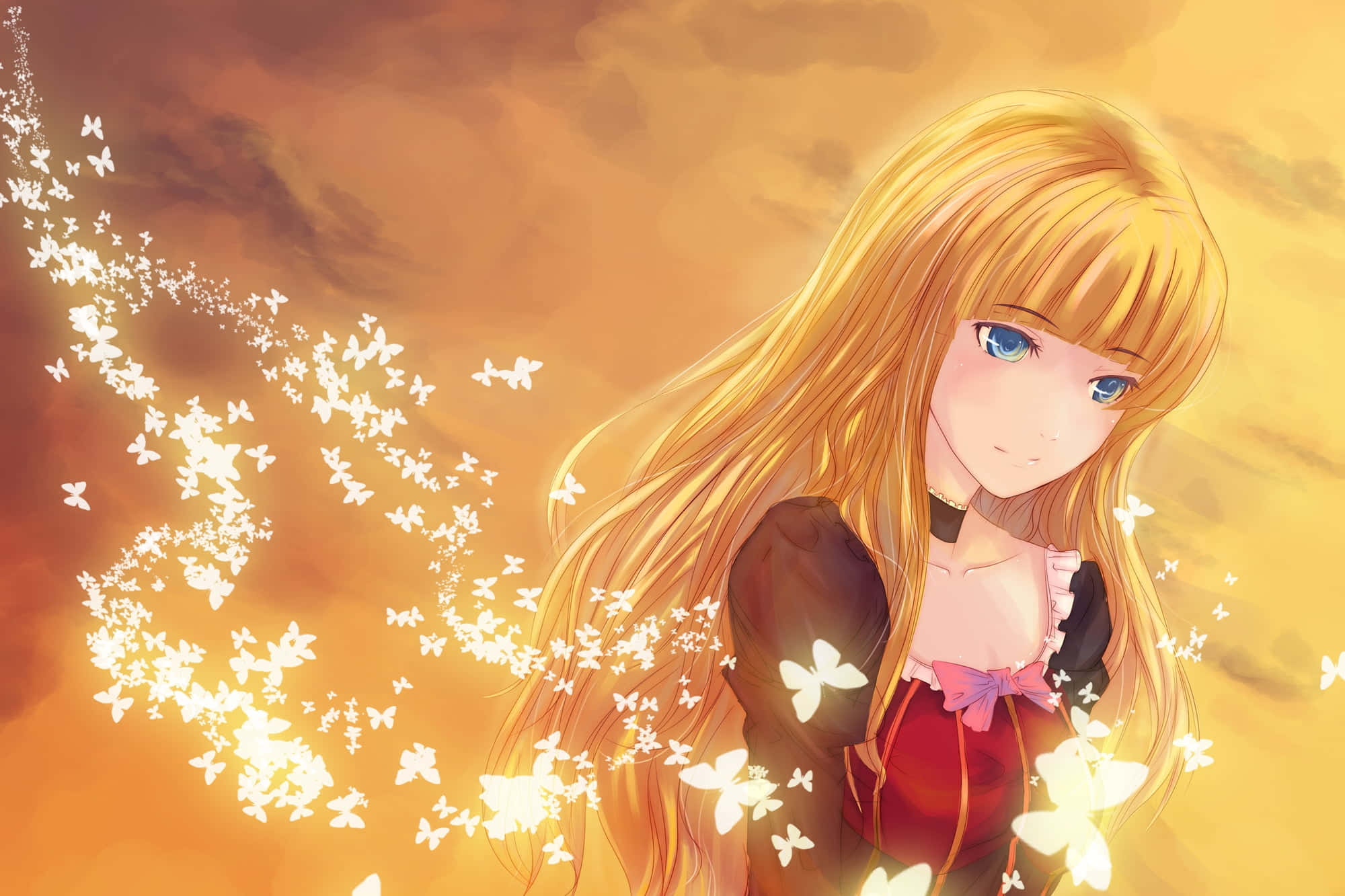 Blonde Anime Girl, butterflies, glowing white butterflies, Full HD Desktop Wallpaper