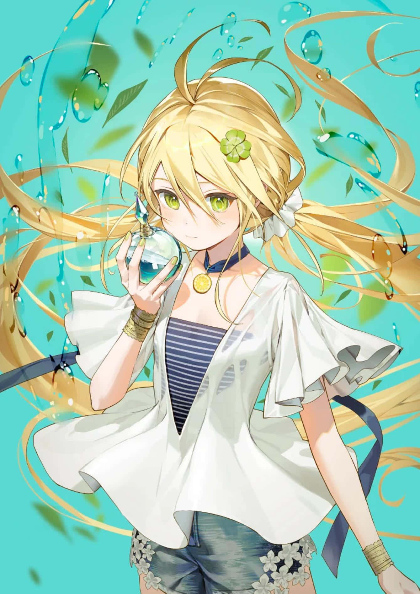 blonde anime girl, green eyes, water droplets, HD Phone Wallpaper