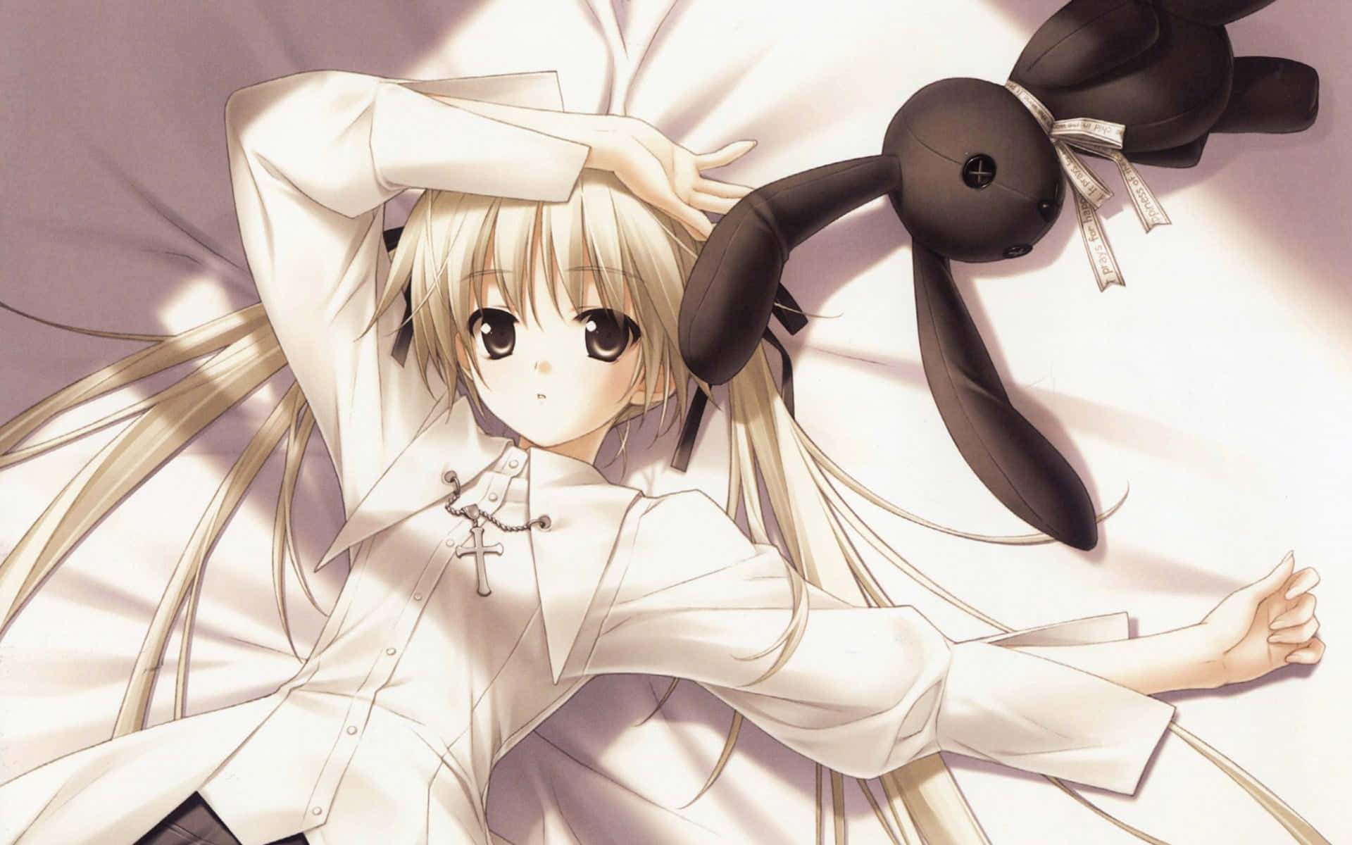 Blonde Anime Girl, black bunny plushie, white shirt, Full HD Desktop Wallpaper