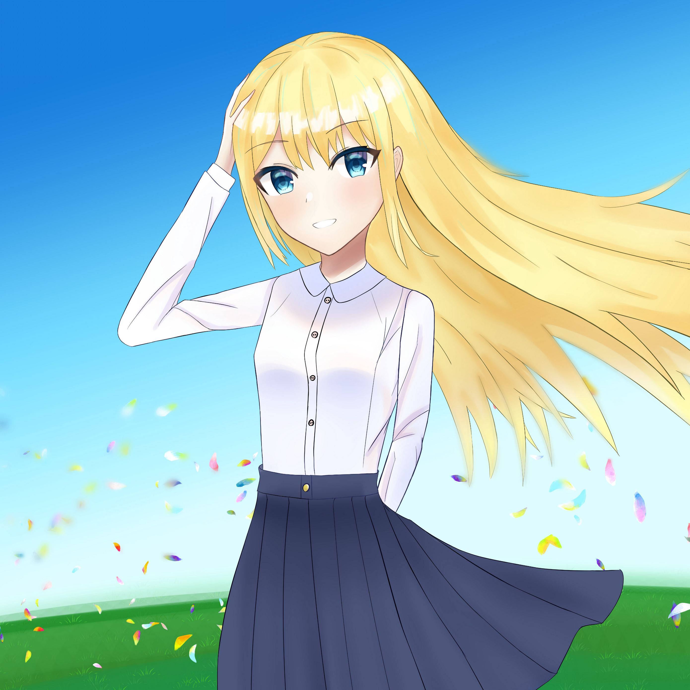 Blonde Anime Girl, long blonde hair, grassy field, 2K Desktop Wallpaper