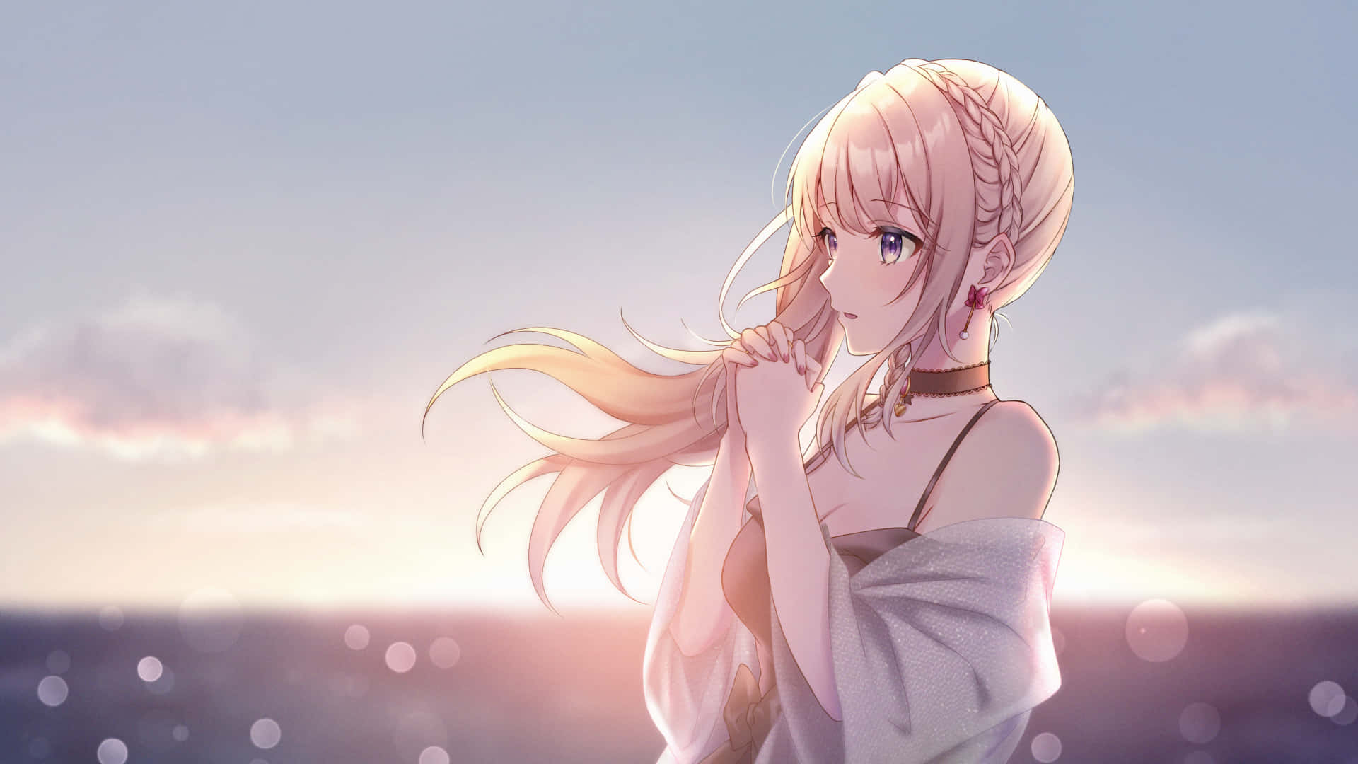 blonde anime girl, sunset, ocean, Full HD Desktop Wallpaper