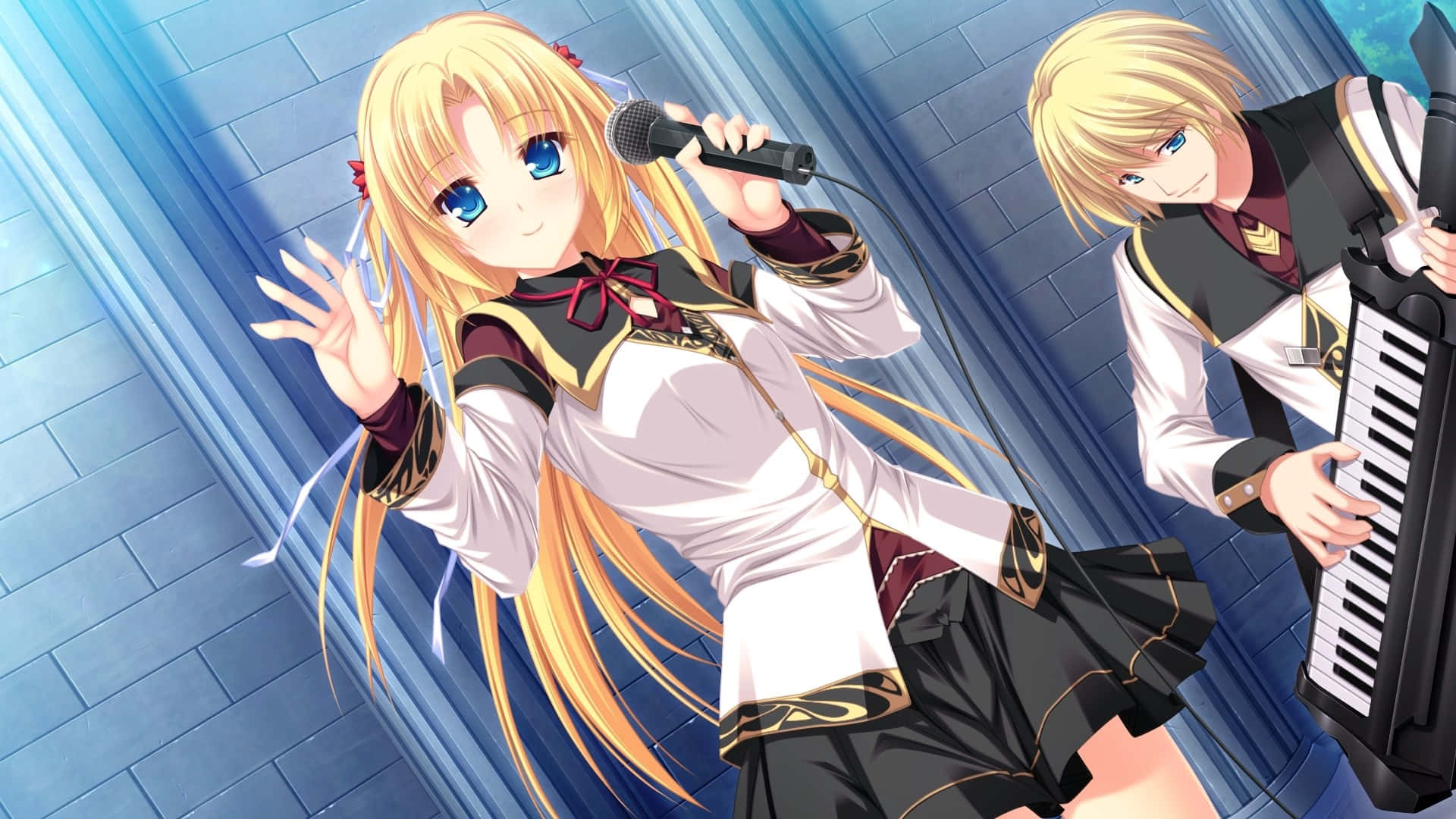 Blonde Anime Girl, singing, musician friend, Full HD Desktop Wallpaper