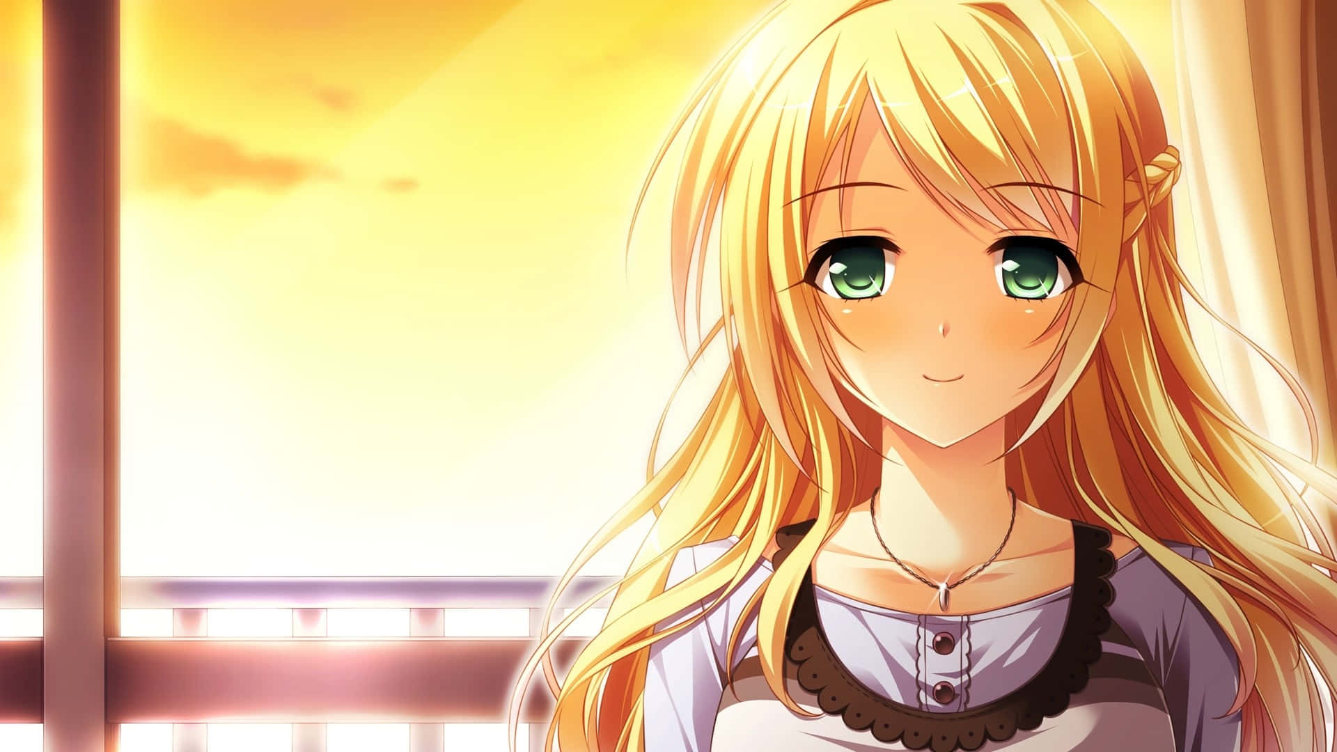 Sunset, Blonde Anime Girl, long blonde hair, Full HD Desktop Wallpaper