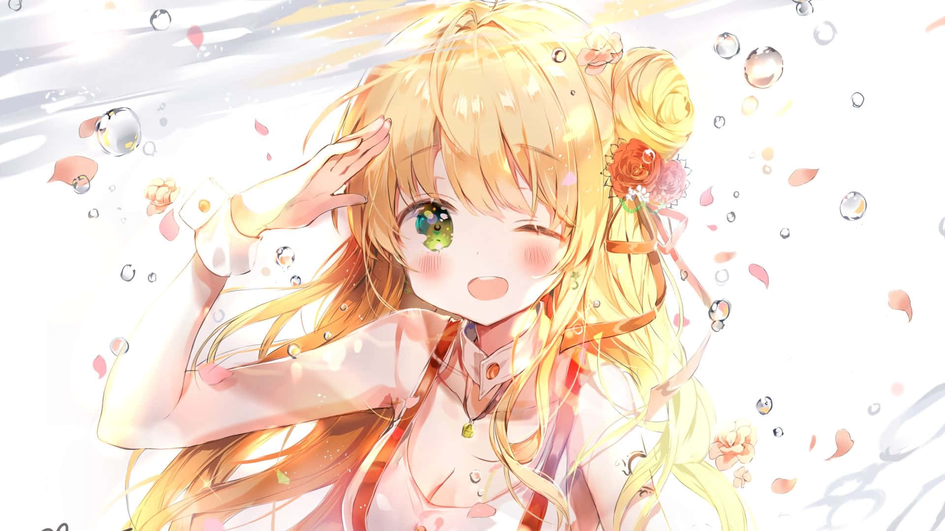 Blonde Anime Girl, golden hair, flower accessory, Full HD Desktop Wallpaper