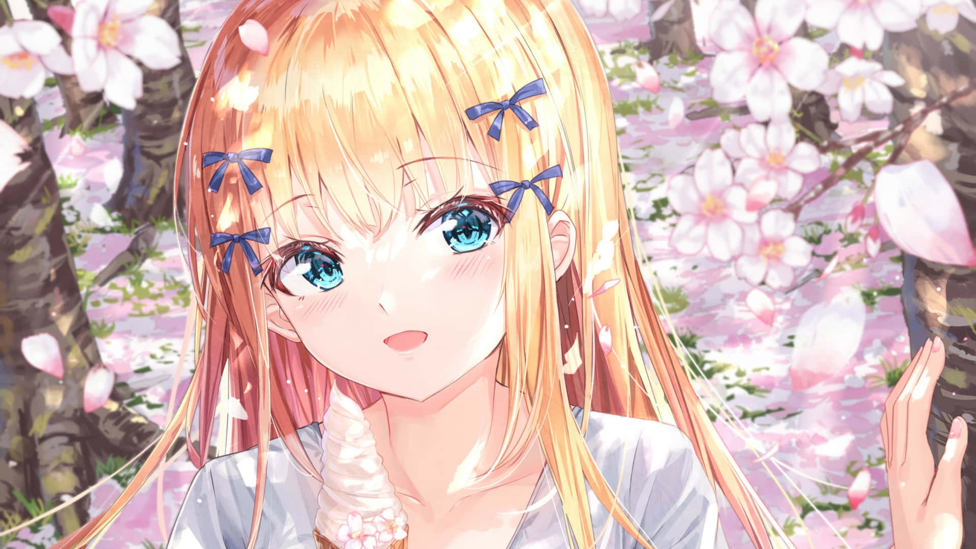 Blonde Anime Girl, cherry blossoms, golden hair, Full HD Desktop Wallpaper