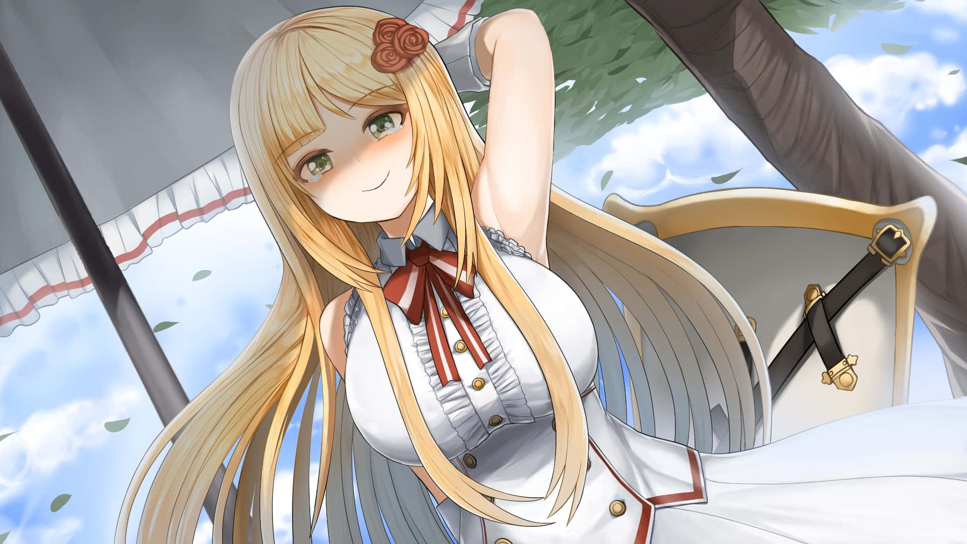 Blonde Anime Girl, long blonde hair, red bow, Full HD Desktop Wallpaper