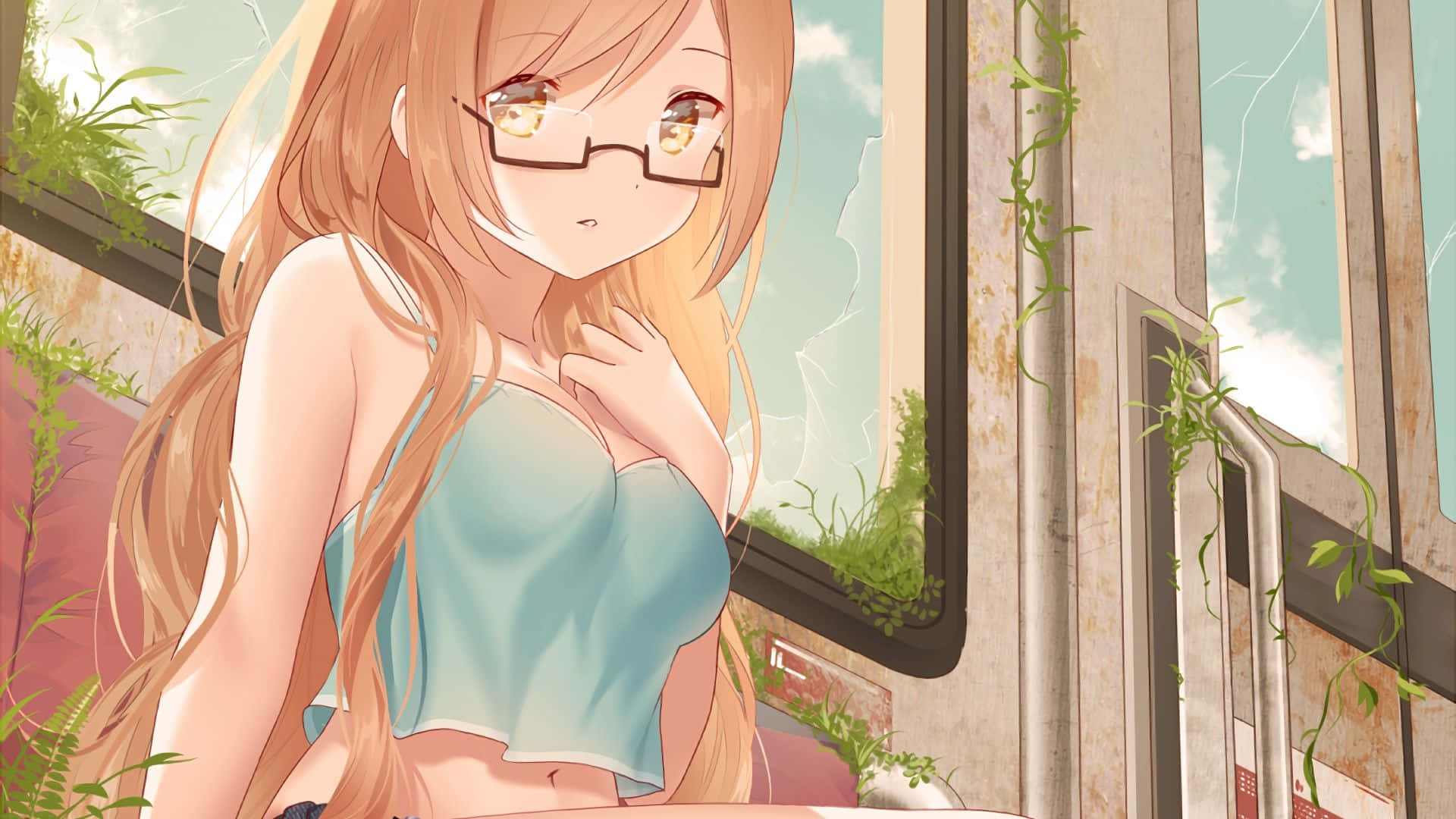 Blonde Anime Girl, glasses, long orange hair, Full HD Desktop Wallpaper