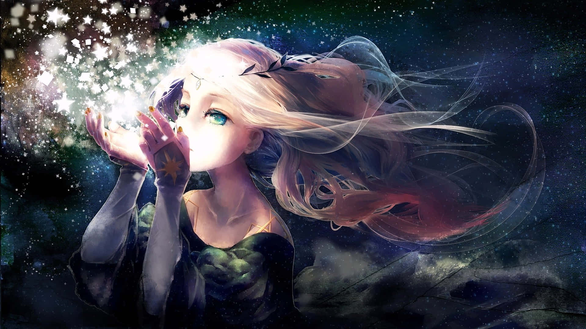 Starry Night, blonde anime girl, glowing green eyes, Full HD Desktop Wallpaper