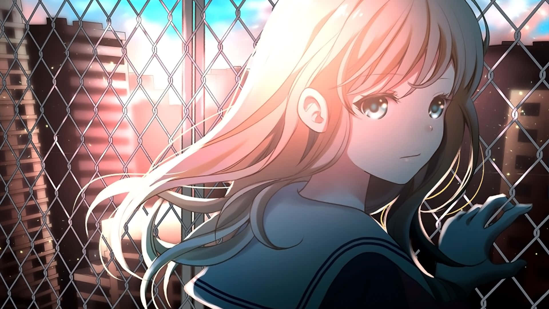 Blonde Anime Girl, sunset, chain-link fence, Full HD Desktop Wallpaper