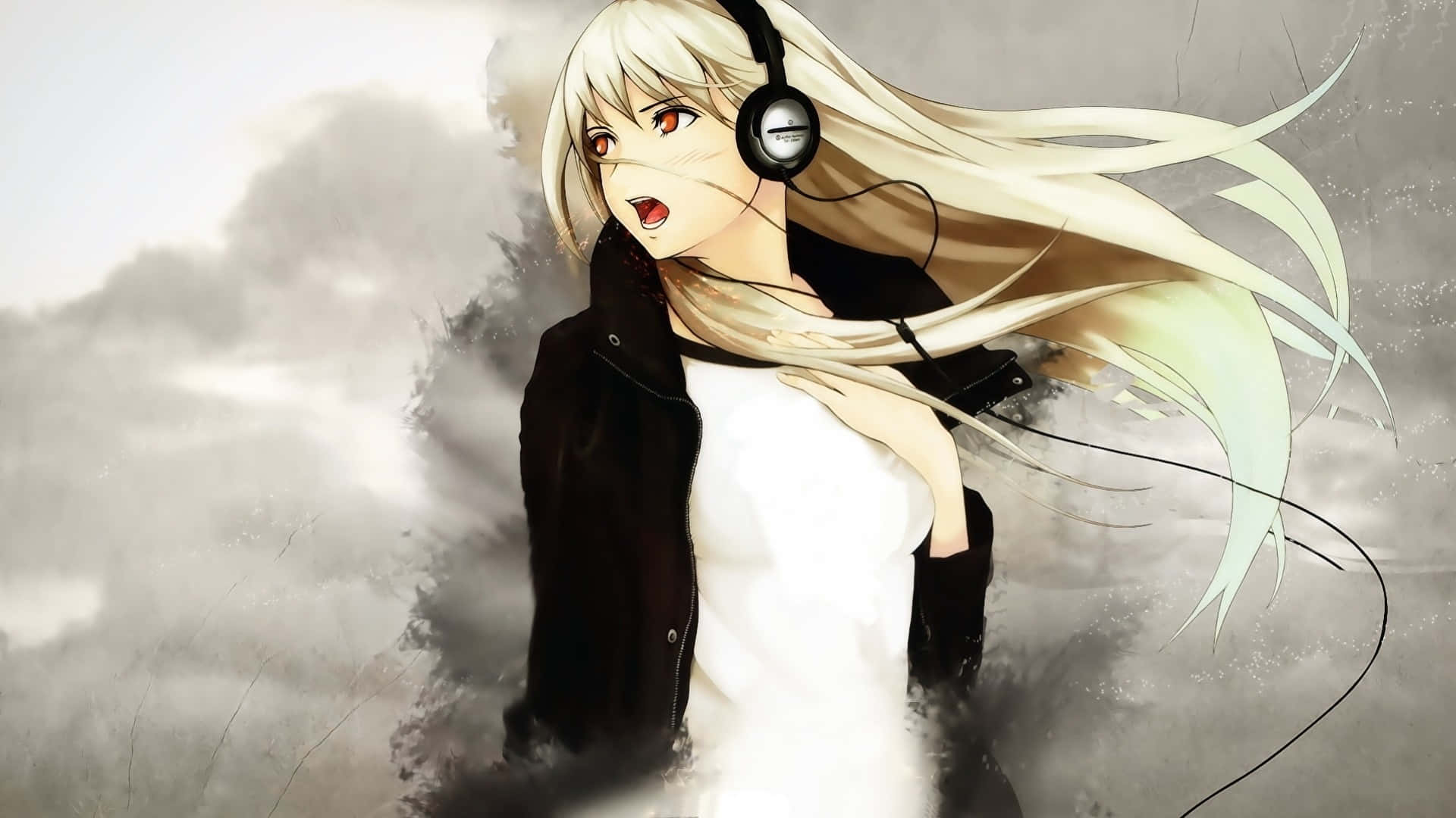 blonde anime girl, red eyes, black headphones, Full HD Desktop Wallpaper