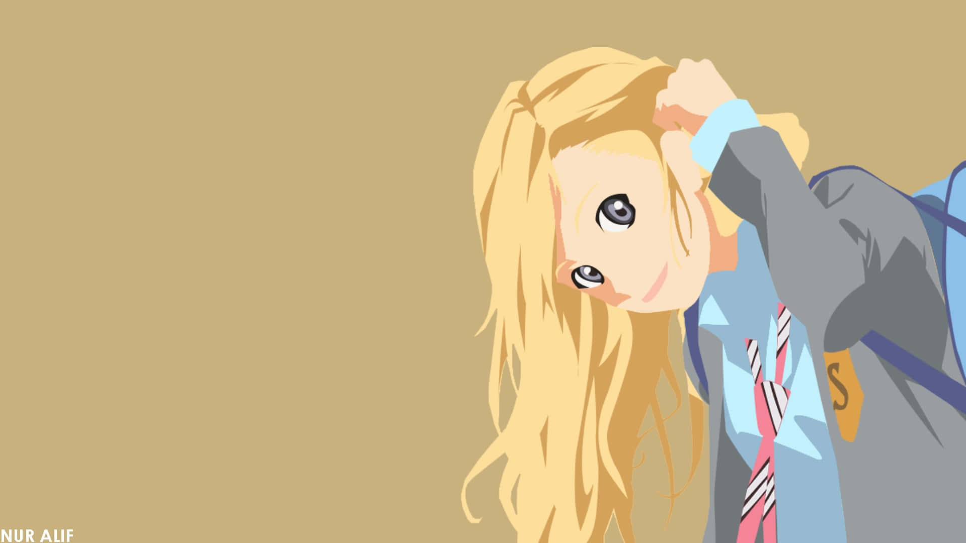 blonde anime girl, school uniform, solid beige background, Full HD Desktop Wallpaper