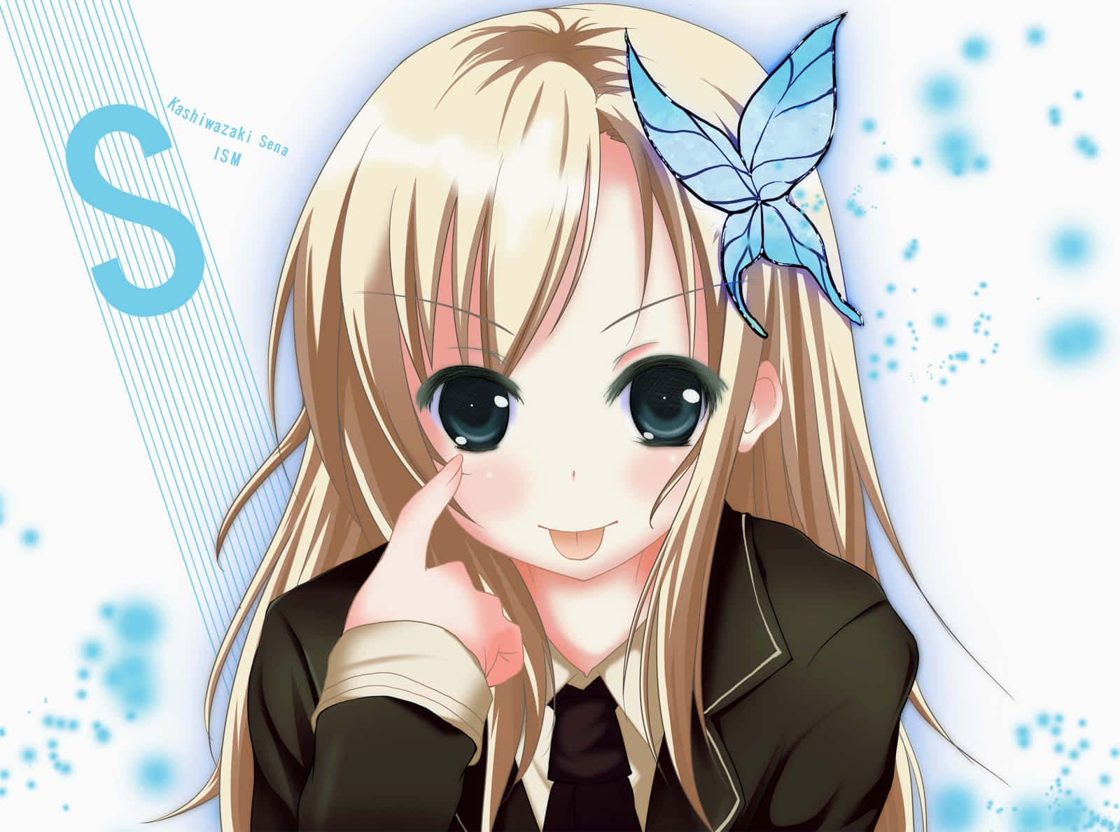 Blonde Anime Girl, blue butterfly hair clip, school uniform, HD Desktop Wallpaper