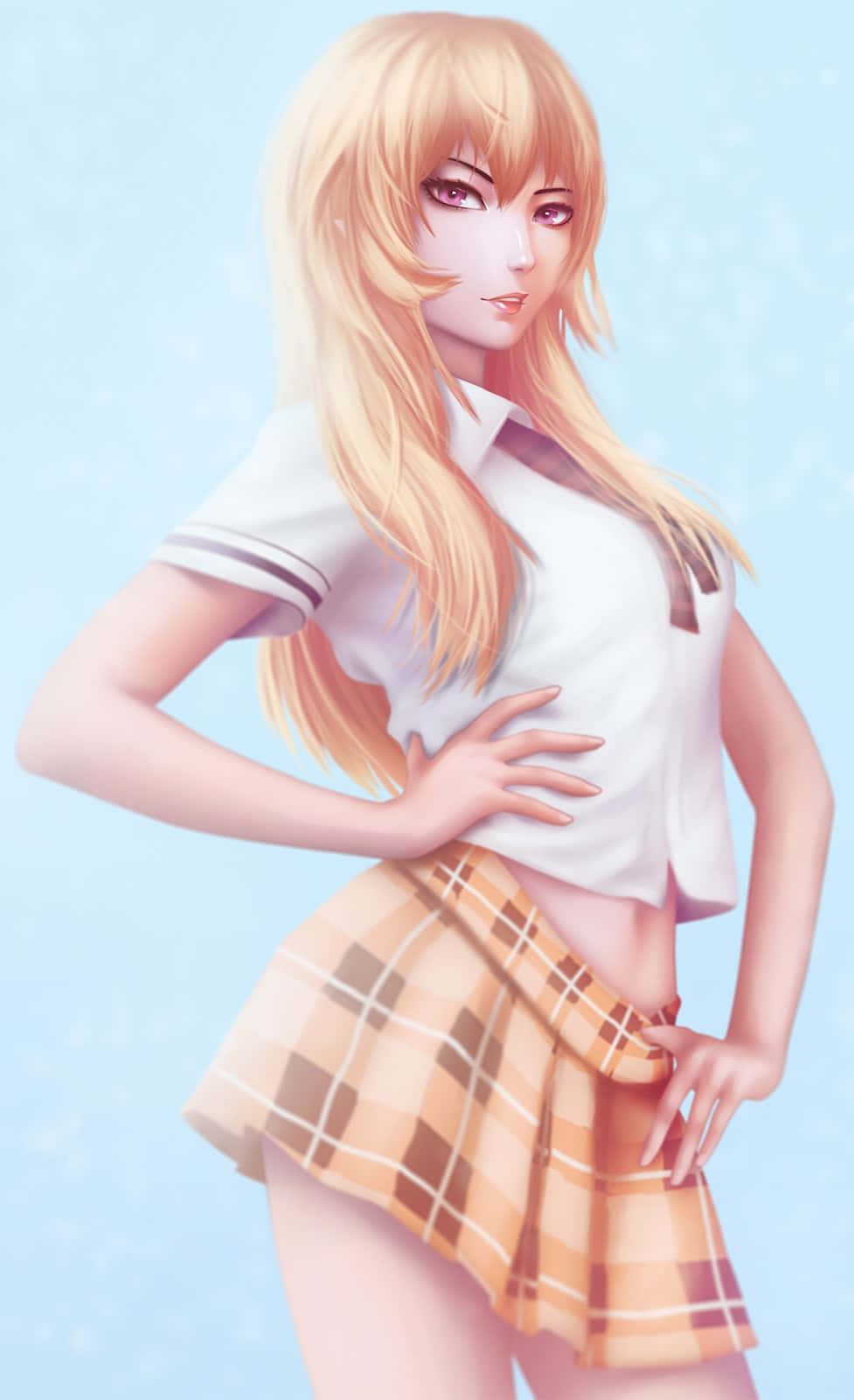 blonde anime girl, school uniform, white polo, HD Phone Wallpaper