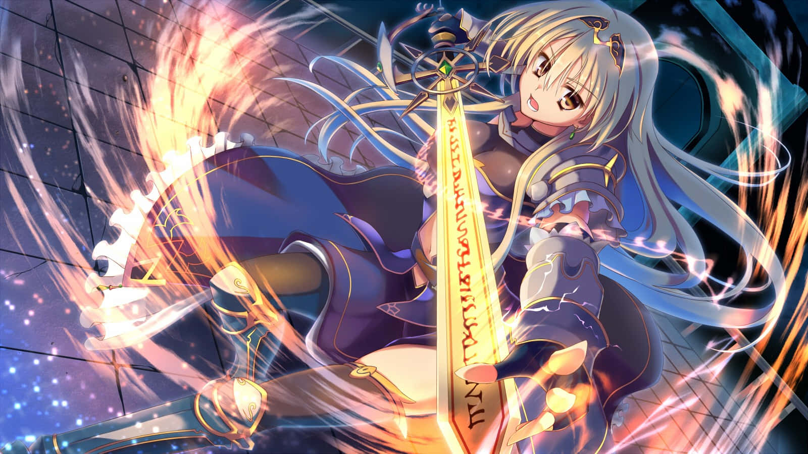 Blonde Anime Girl, glowing golden sword, swirling fiery energy, HD Desktop Wallpaper