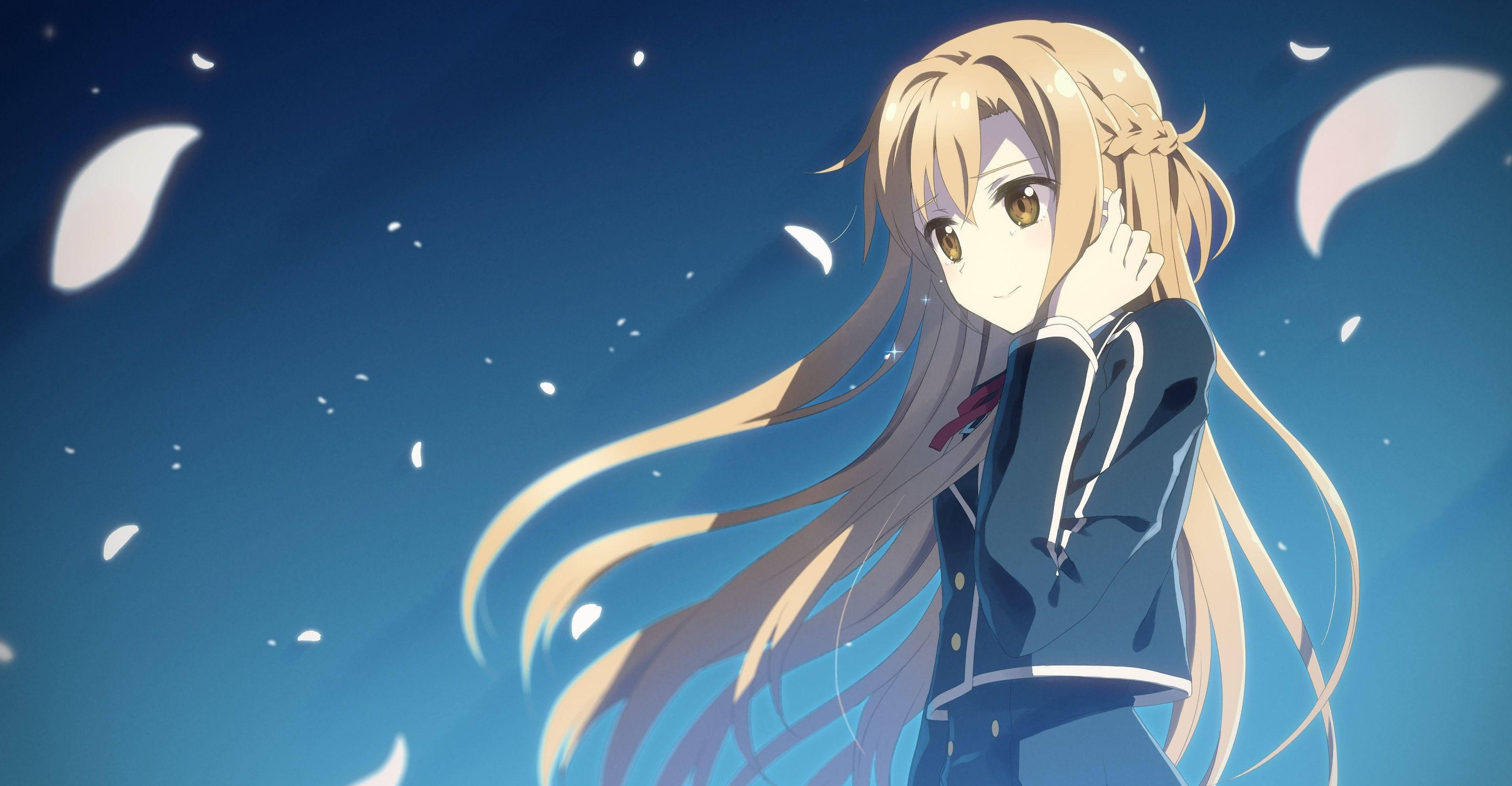 blonde anime girl, school uniform, white petals, 2K Desktop Wallpaper