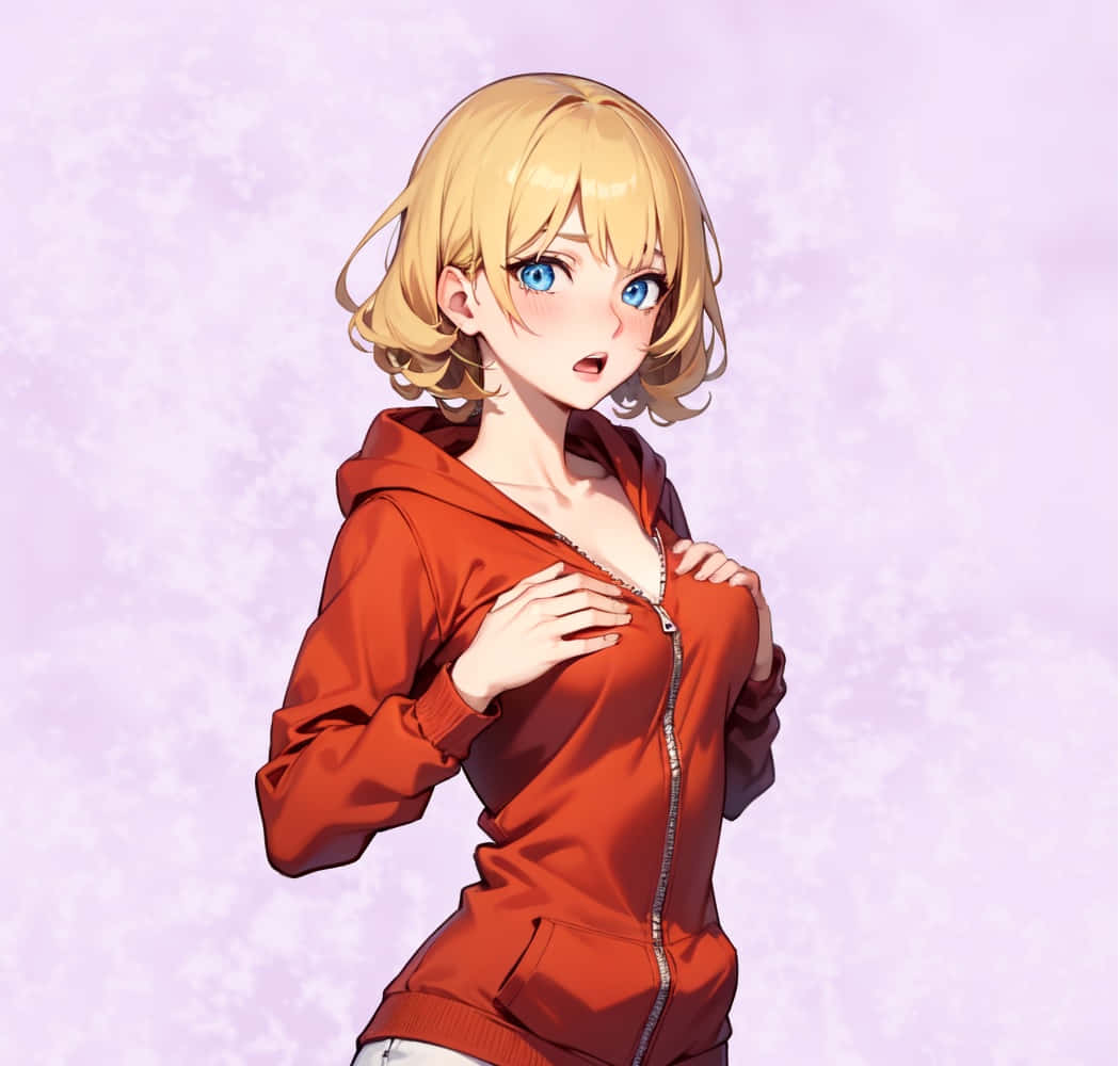 Blonde Anime Girl, red zip-up hoodie, blue eyes, SD Desktop Wallpaper