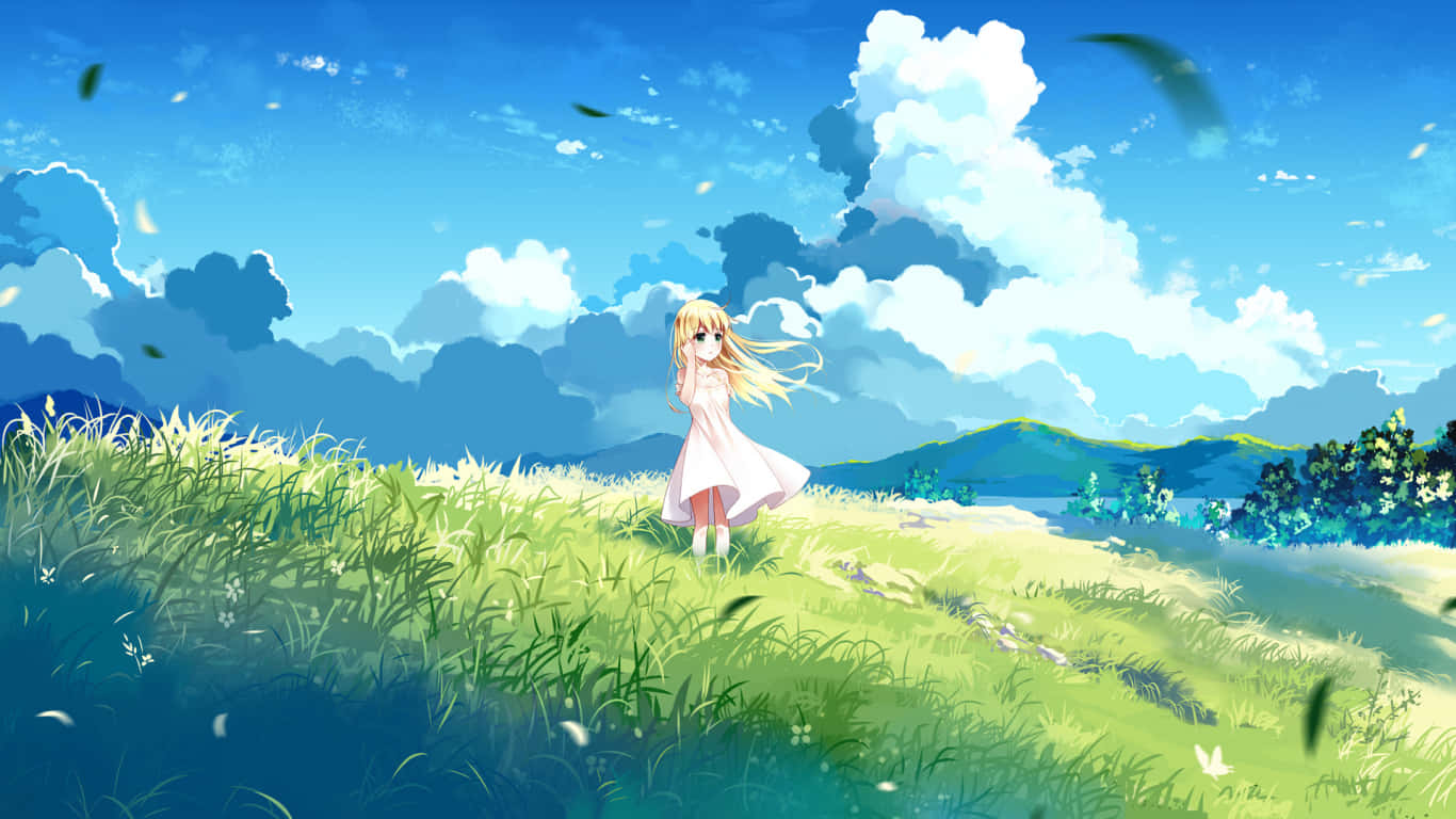 blonde anime girl, white dress, sunlit green field, HD Desktop Wallpaper