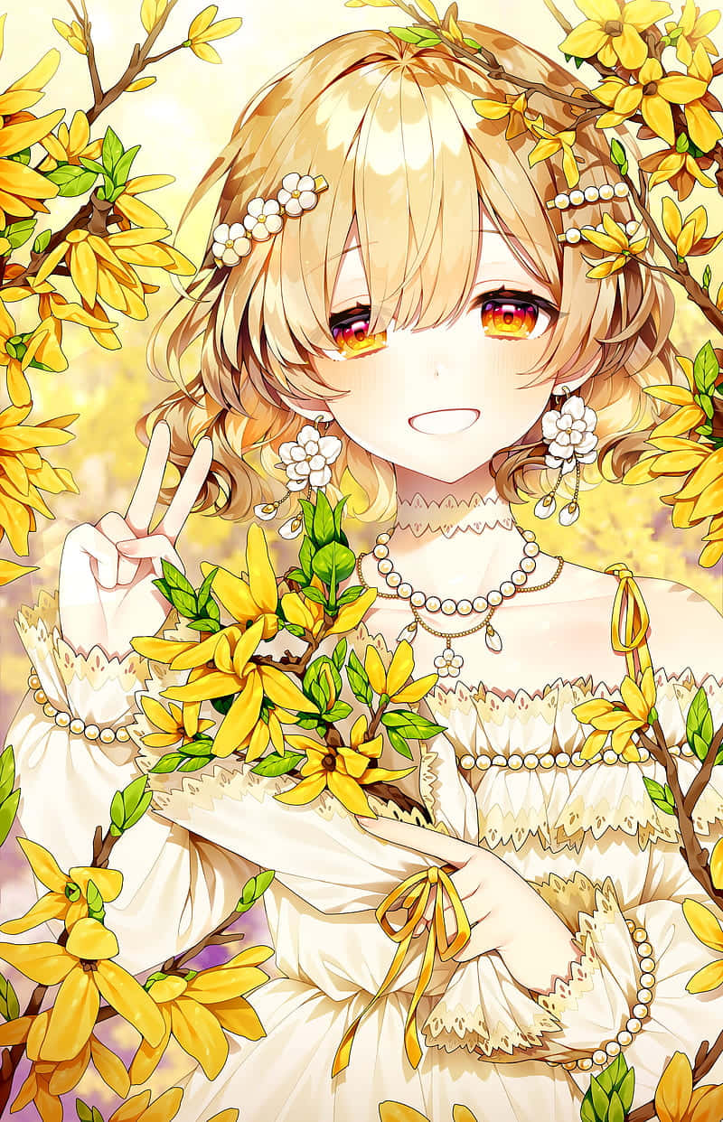 Blonde Anime Girl, spring blossoms, golden hair, SD Phone Wallpaper