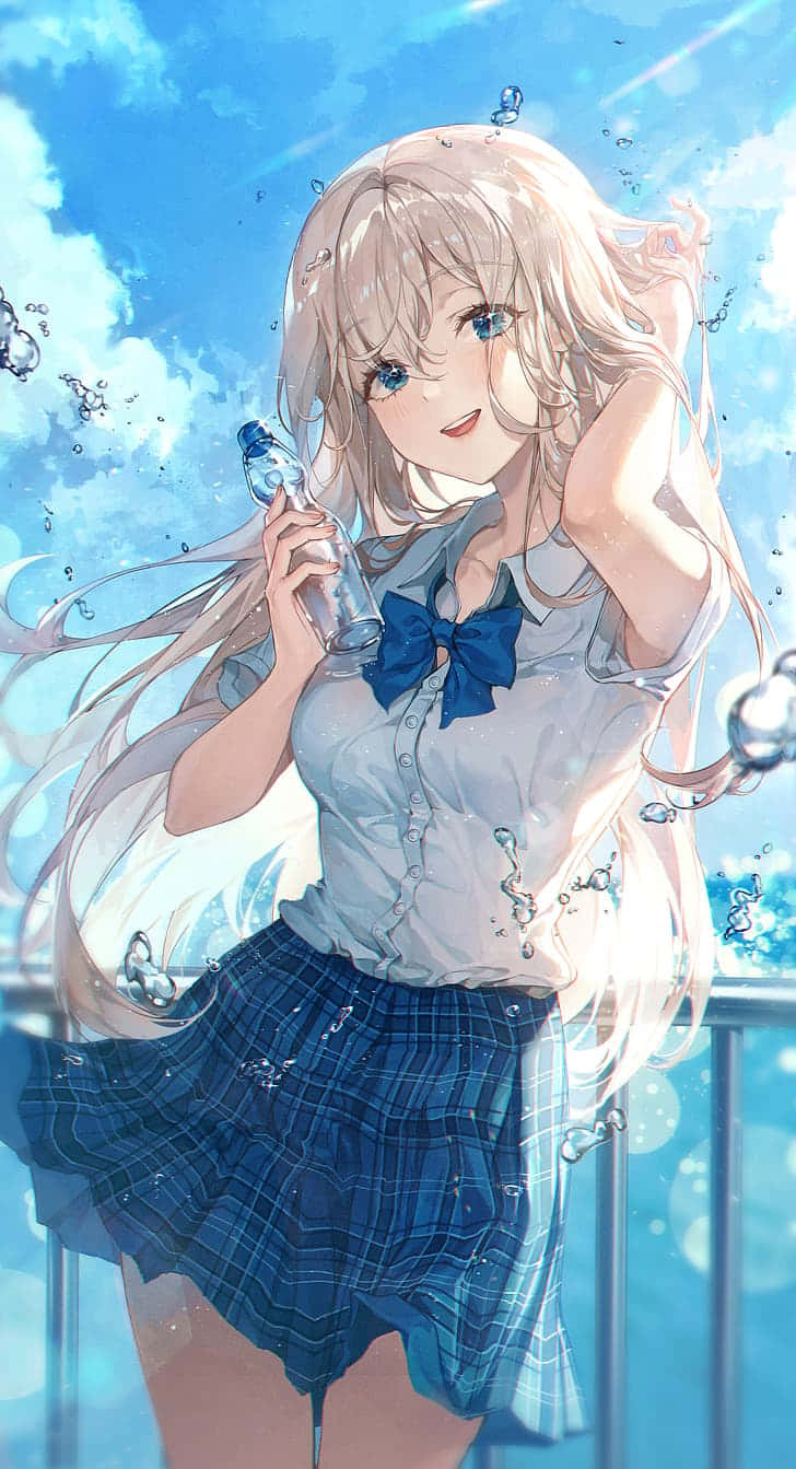 blonde anime girl, blue plaid skirt, white blouse, HD Phone Wallpaper