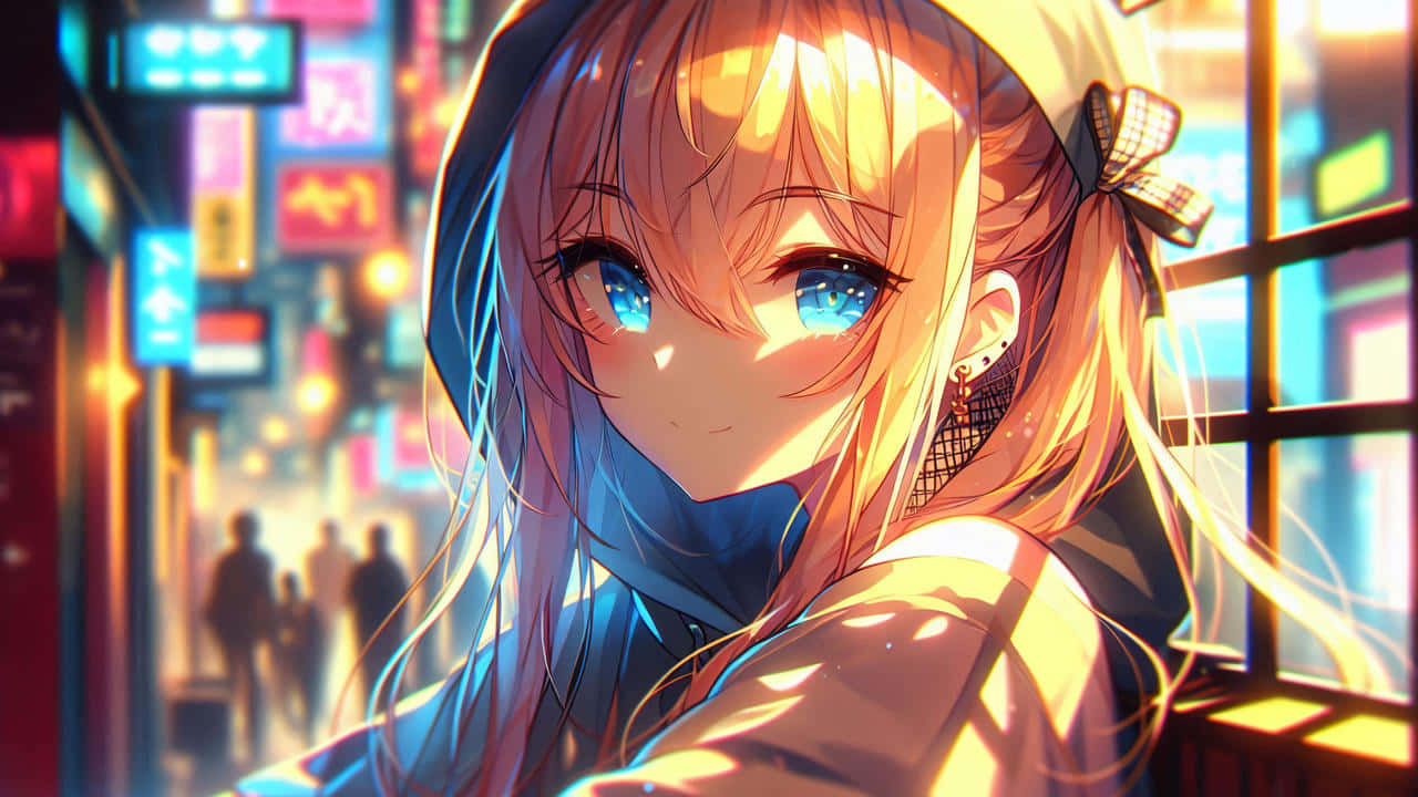 Blonde Anime Girl, neon-lit city street, dusk, HD Desktop Wallpaper